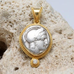 Ancient Greek 5th Century BC Goddess Athena Coin Diamond 18K Gold Pendant