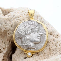 Ancient Greek 5th Century BC Goddess Athena Coin Diamond 18K Gold Pendant