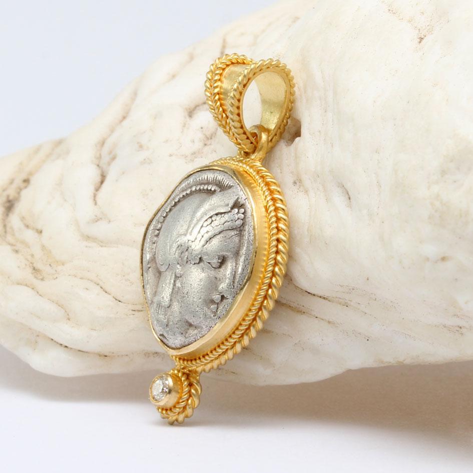 Classical Greek Ancient Greek 5th Century BC Goddess Athena Coin Diamond 18K Gold Pendant For Sale