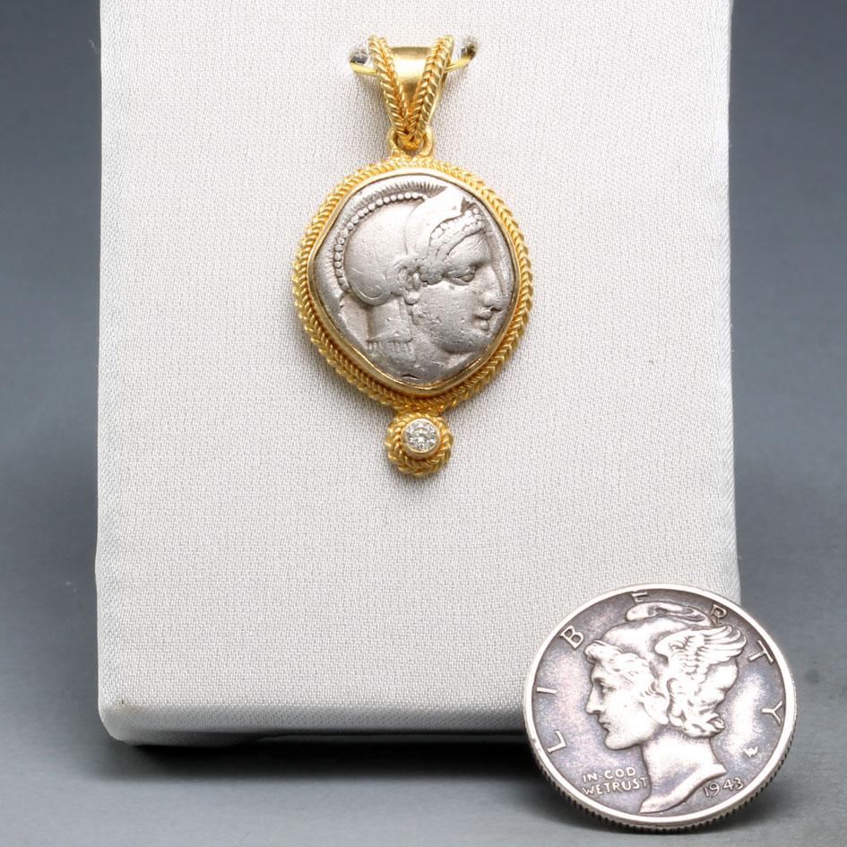 Ancient Greek 5th Century BC Goddess Athena Coin Diamond 18K Gold Pendant In New Condition For Sale In Soquel, CA