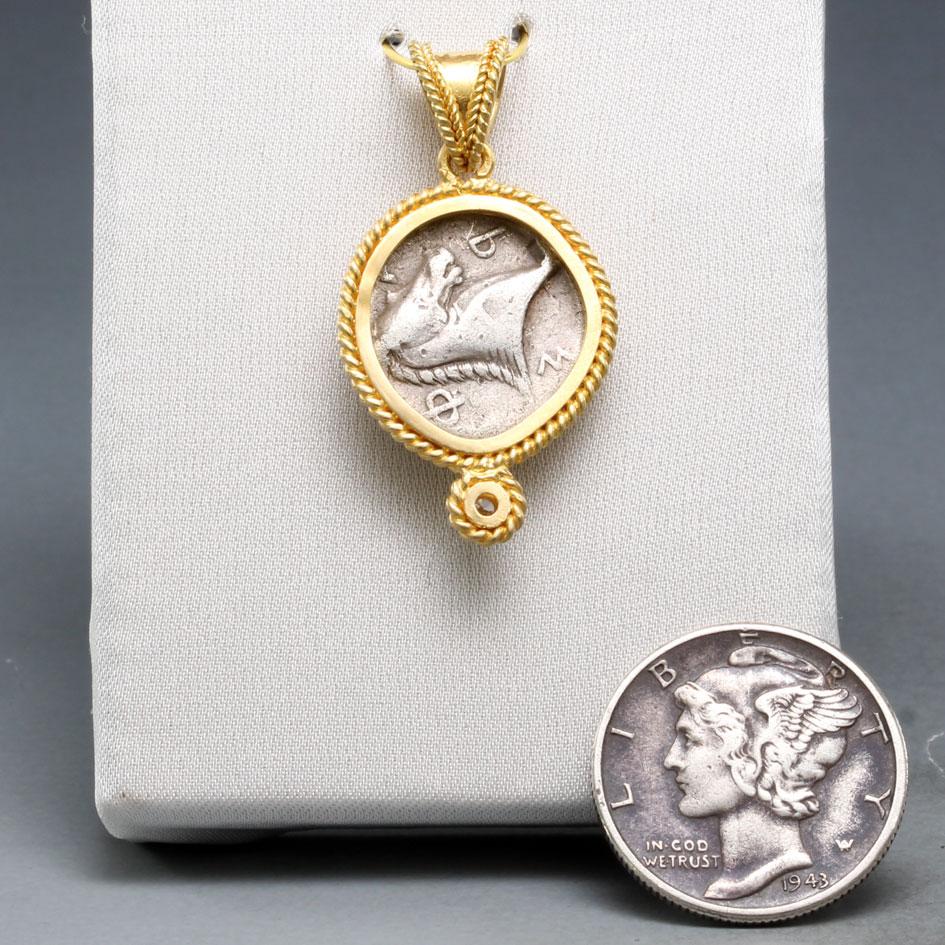 Women's or Men's Ancient Greek 5th Century BC Goddess Athena Coin Diamond 18K Gold Pendant For Sale
