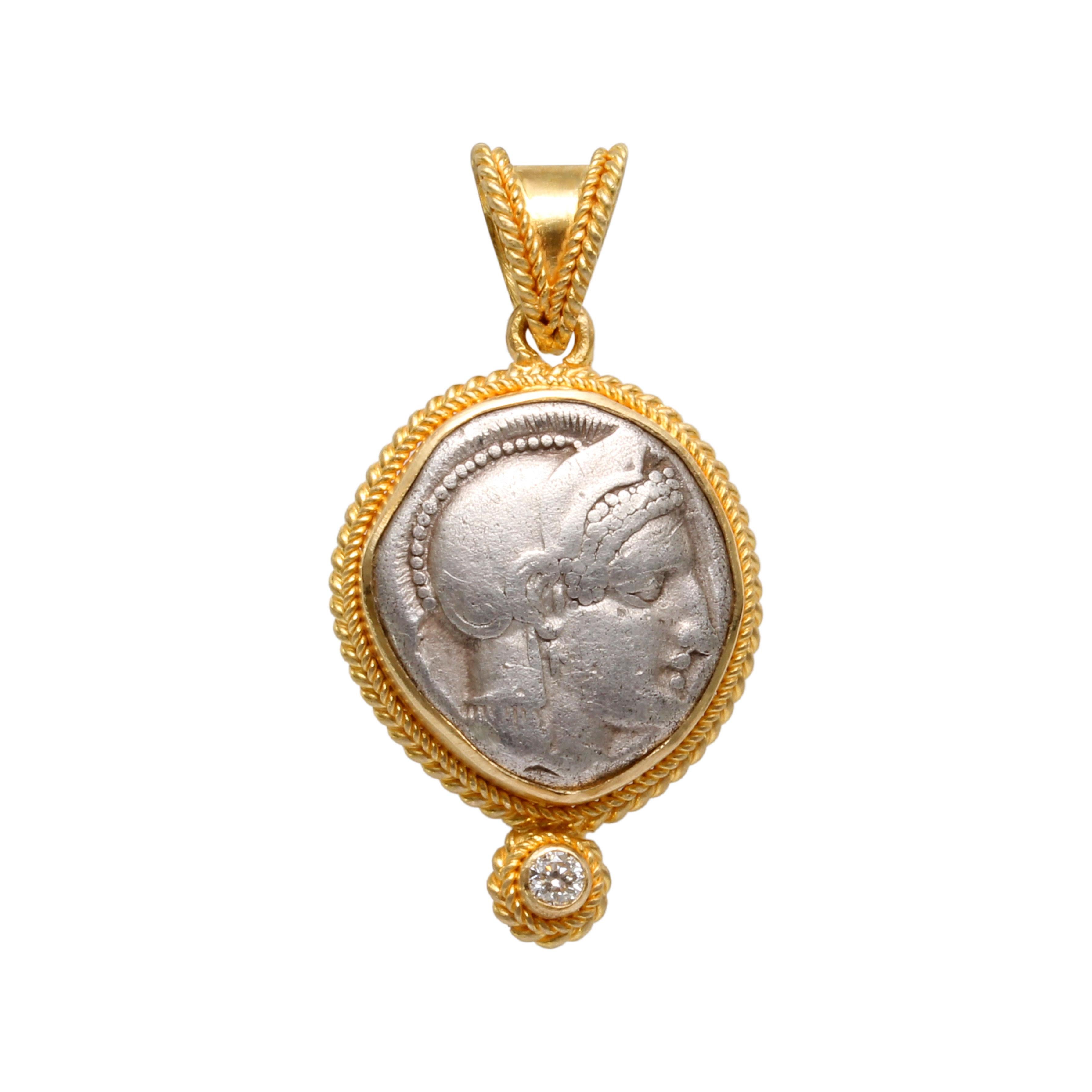 Ancient Greek 5th Century BC Goddess Athena Coin Diamond 18K Gold Pendant For Sale 1