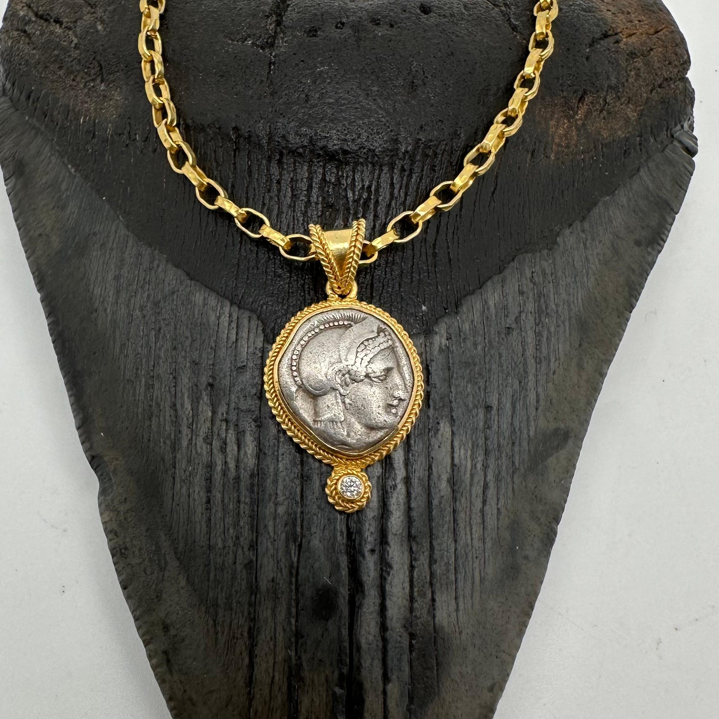 Ancient Greek 5th Century BC Goddess Athena Coin Diamond 18K Gold Pendant For Sale 2
