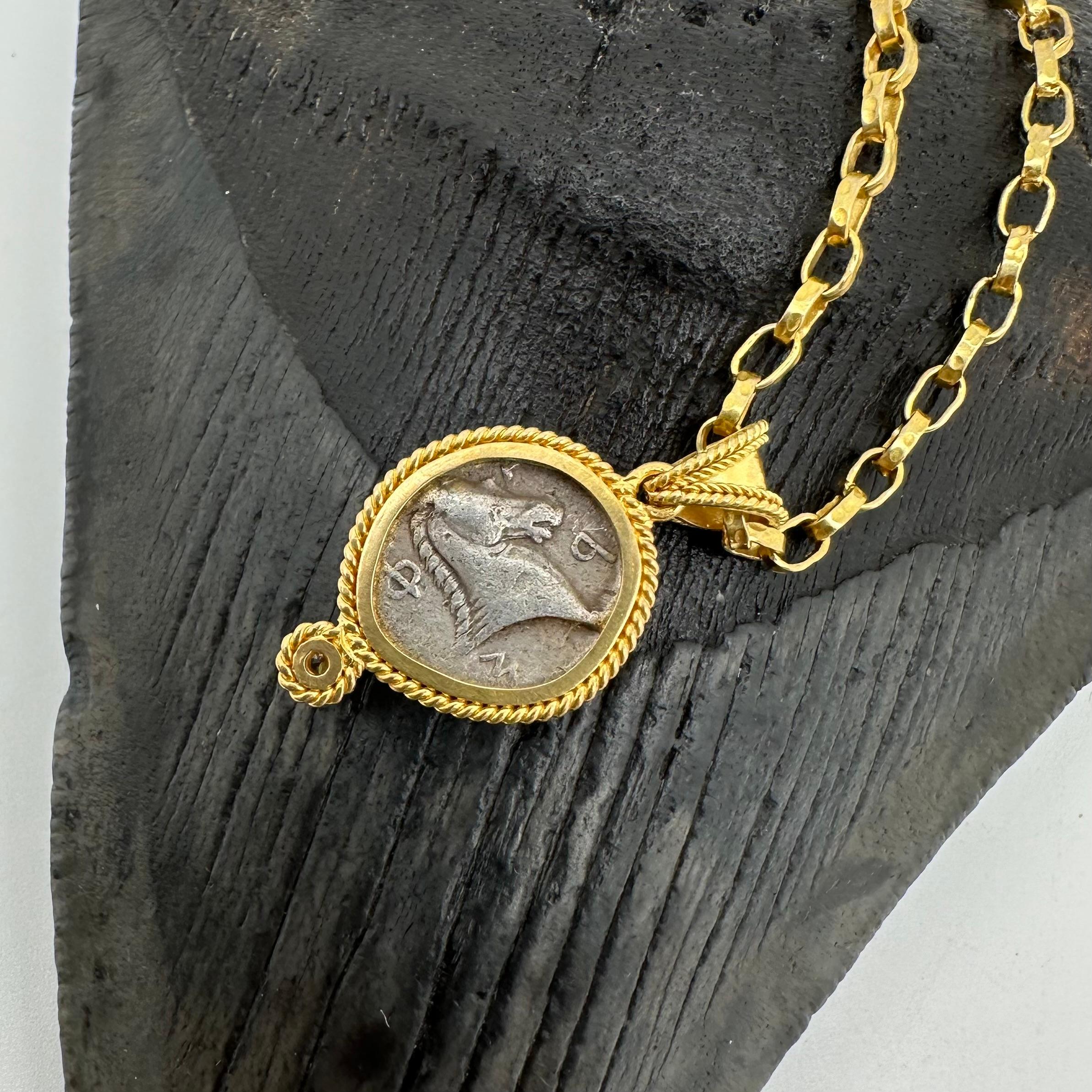 Ancient Greek 5th Century BC Goddess Athena Coin Diamond 18K Gold Pendant For Sale 3