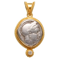 Ancient Greek 5th Century BC Goddess Athena Coin Diamond 18K Gold Pendant