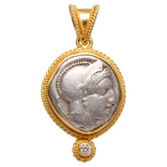 Antiguo Griego Siglo V a.C. Diosa Atenea Moneda Diamante Colgante Oro 18K