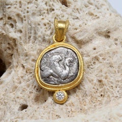 Ancient Greek 5th Century BC Griffin Coin Diamond 18K Gold Pendant