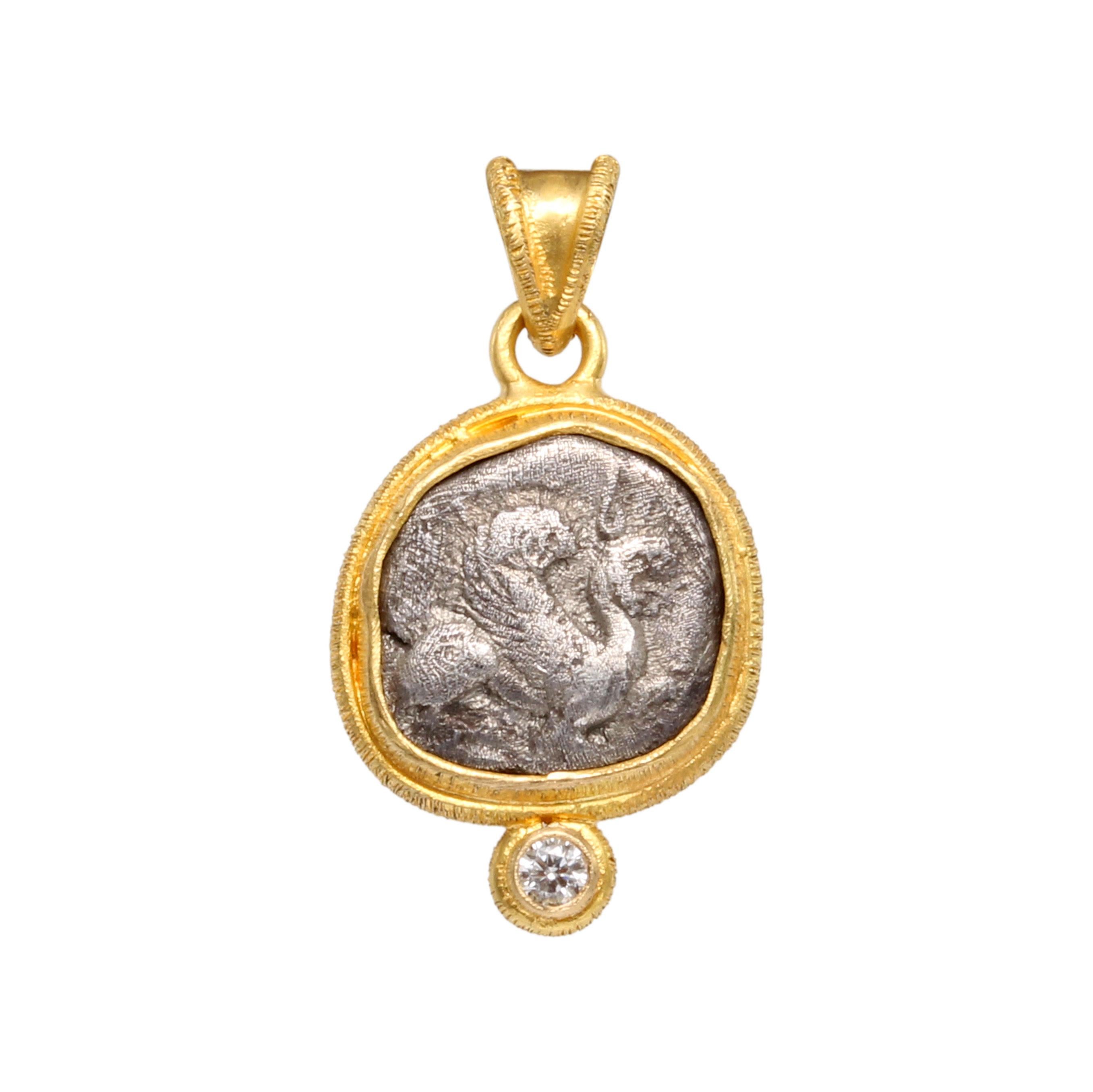 Rose Cut Ancient Greek 5th Century BC Griffin Coin Diamond 18K Gold Pendant 18K Chain For Sale