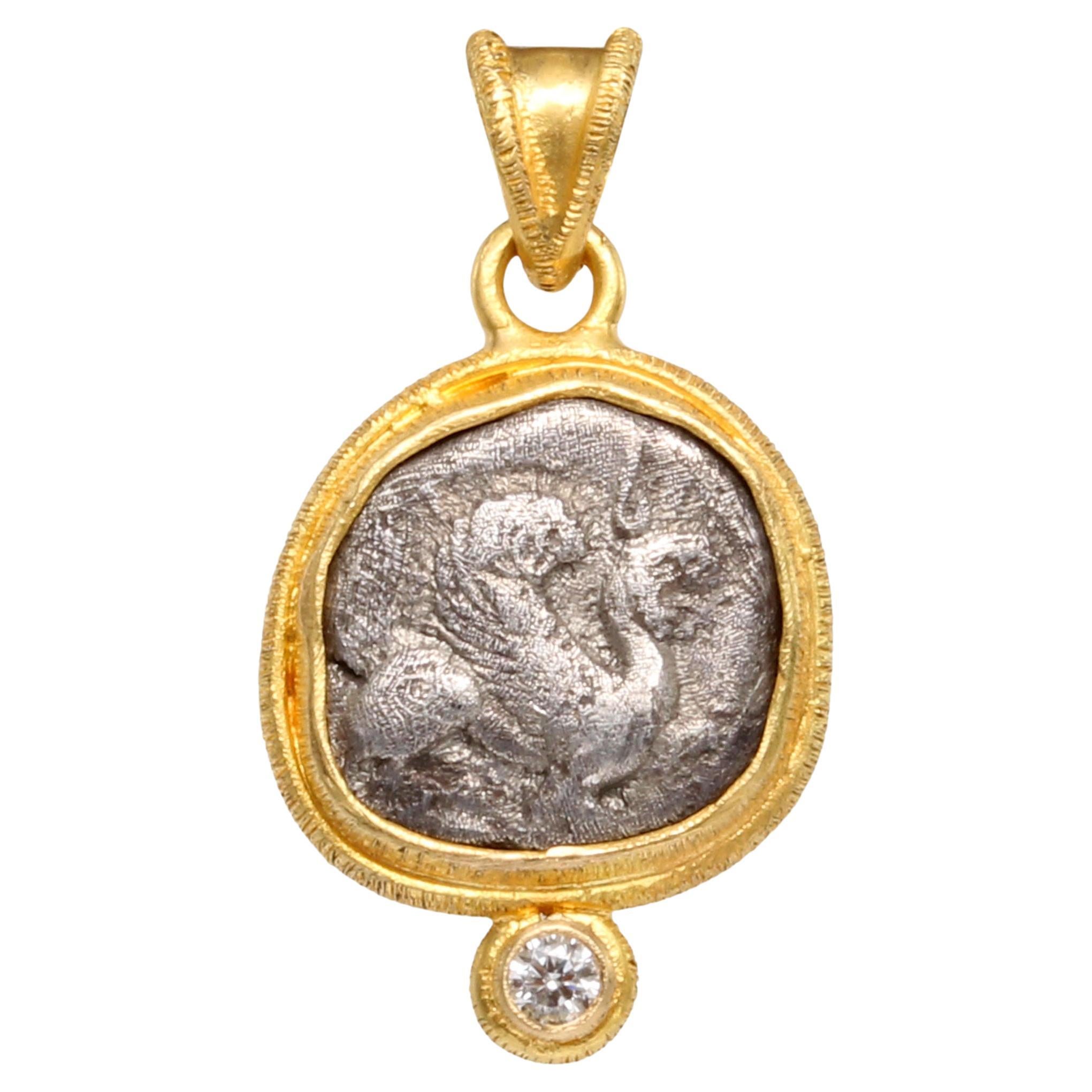 Ancient Greek 5th Century BC Griffin Coin Diamond 18K Gold Pendant 18K Chain For Sale