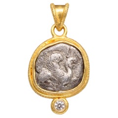 Antique Ancient Greek 5th Century BC Griffin Coin Diamond 18K Gold Pendant 18K Chain