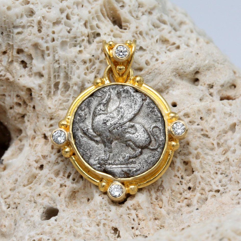 Rose Cut Ancient Greek 5th Century BC Griffin Coin Diamonds 18K Gold Pendant For Sale