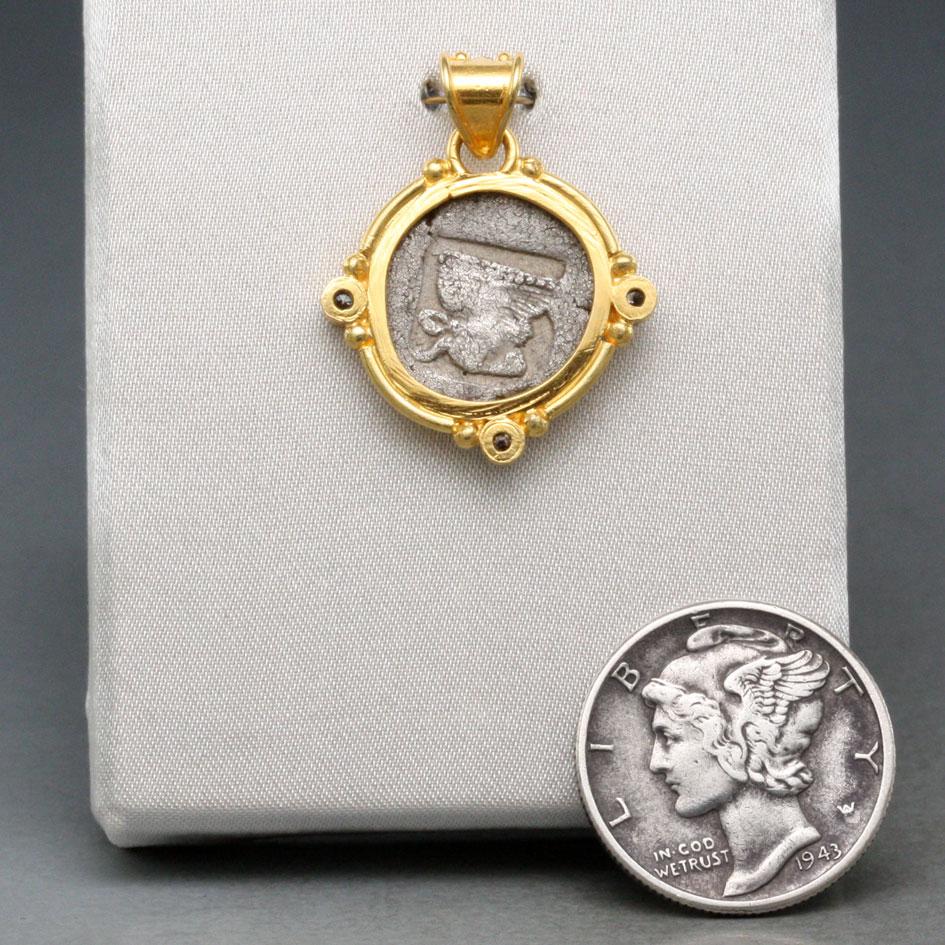 Women's or Men's Ancient Greek 5th Century BC Griffin Coin Diamonds 18K Gold Pendant For Sale