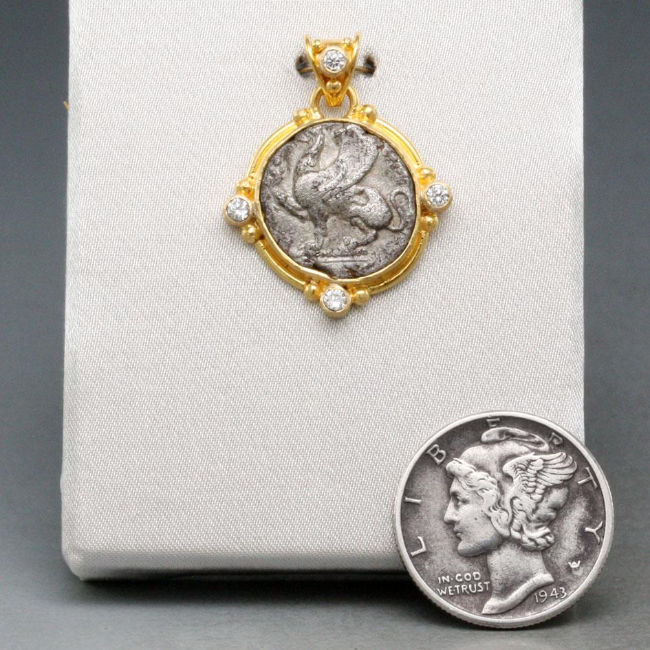 Women's or Men's Ancient Greek 5th Century BC Griffin Coin Diamonds 18K Gold Pendant For Sale