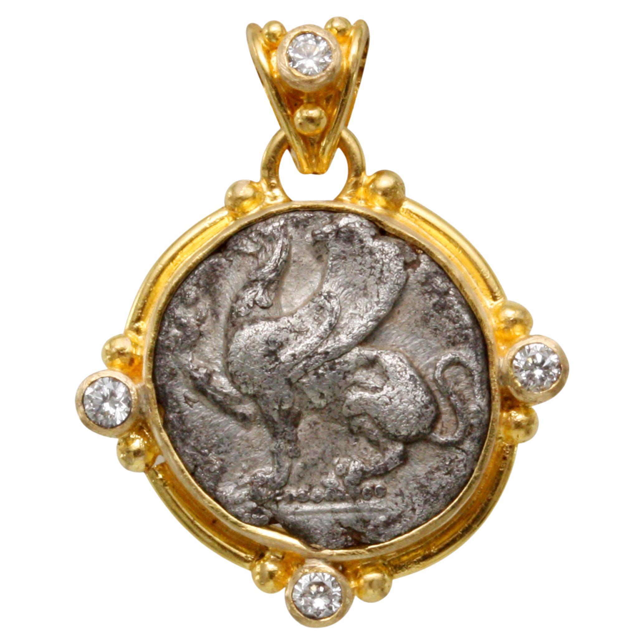 Ancient Greek 5th Century BC Griffin Coin Diamonds 18K Gold Pendant For Sale