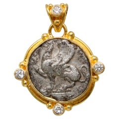 Antique Ancient Greek 5th Century BC Griffin Coin Diamonds 18K Gold Pendant