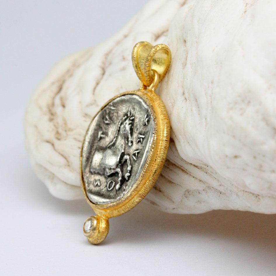 Ancient Greek 5th Century BC Horse Coin Diamond 18K Gold Pendant 2
