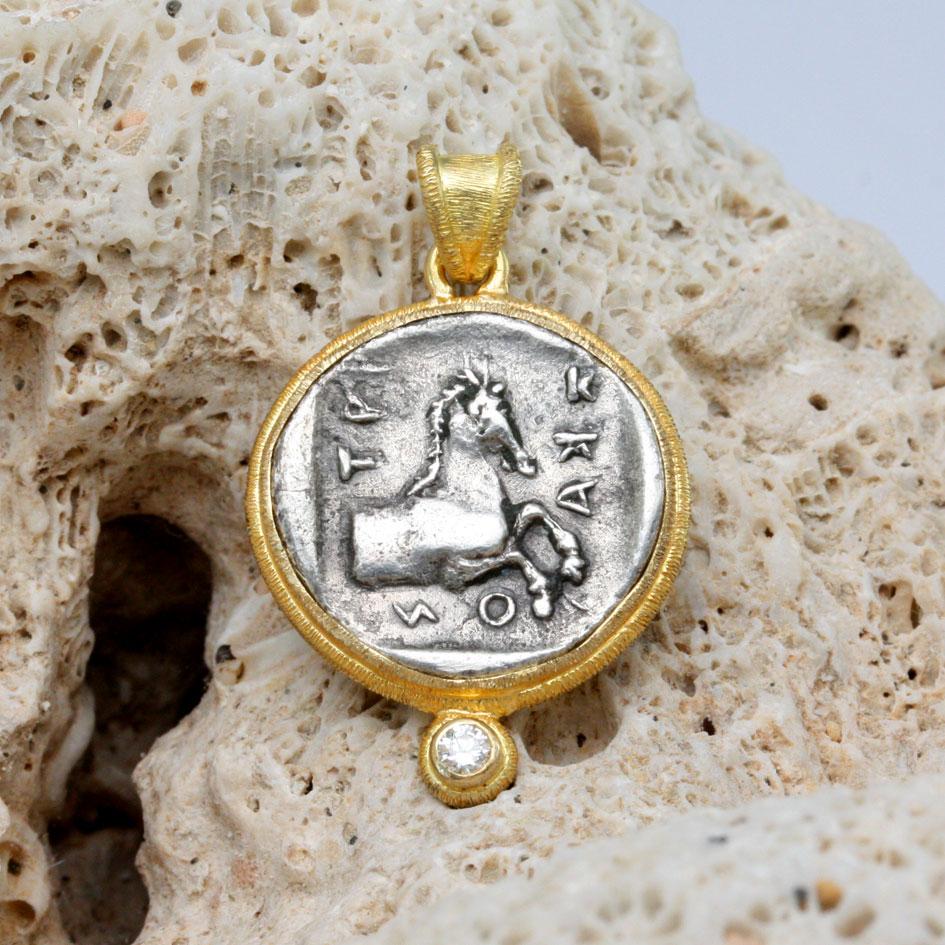 Ancient Greek 5th Century BC Horse Coin Diamond 18K Gold Pendant 3
