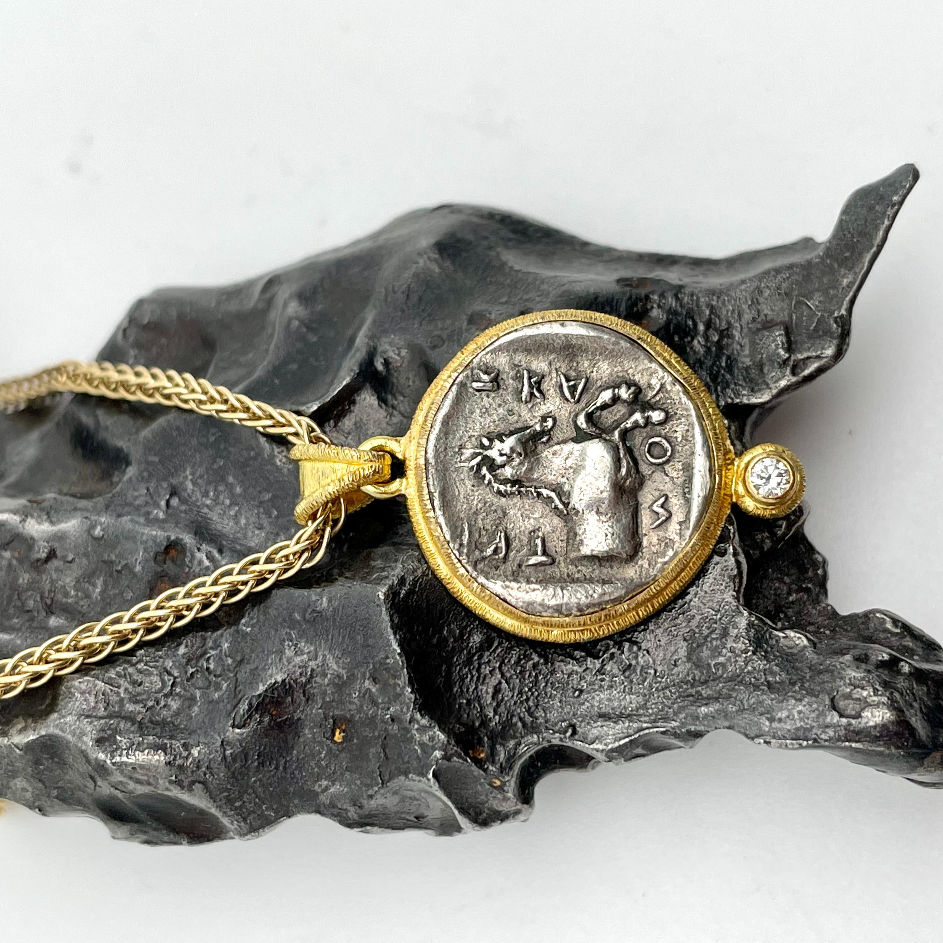 Classical Greek Ancient Greek 5th Century BC Horse Coin Diamond 18K Gold Pendant