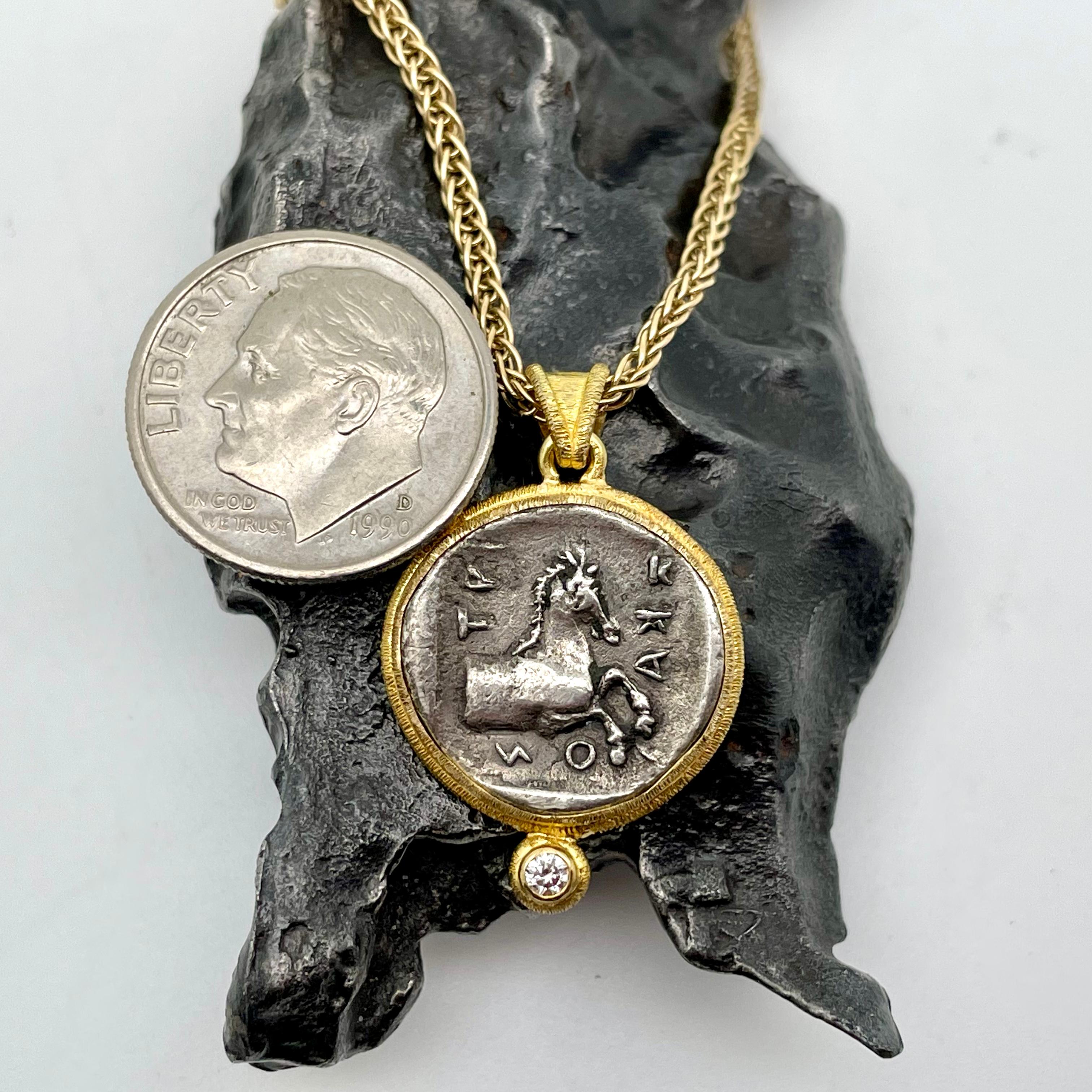 Rose Cut Ancient Greek 5th Century BC Horse Coin Diamond 18K Gold Pendant