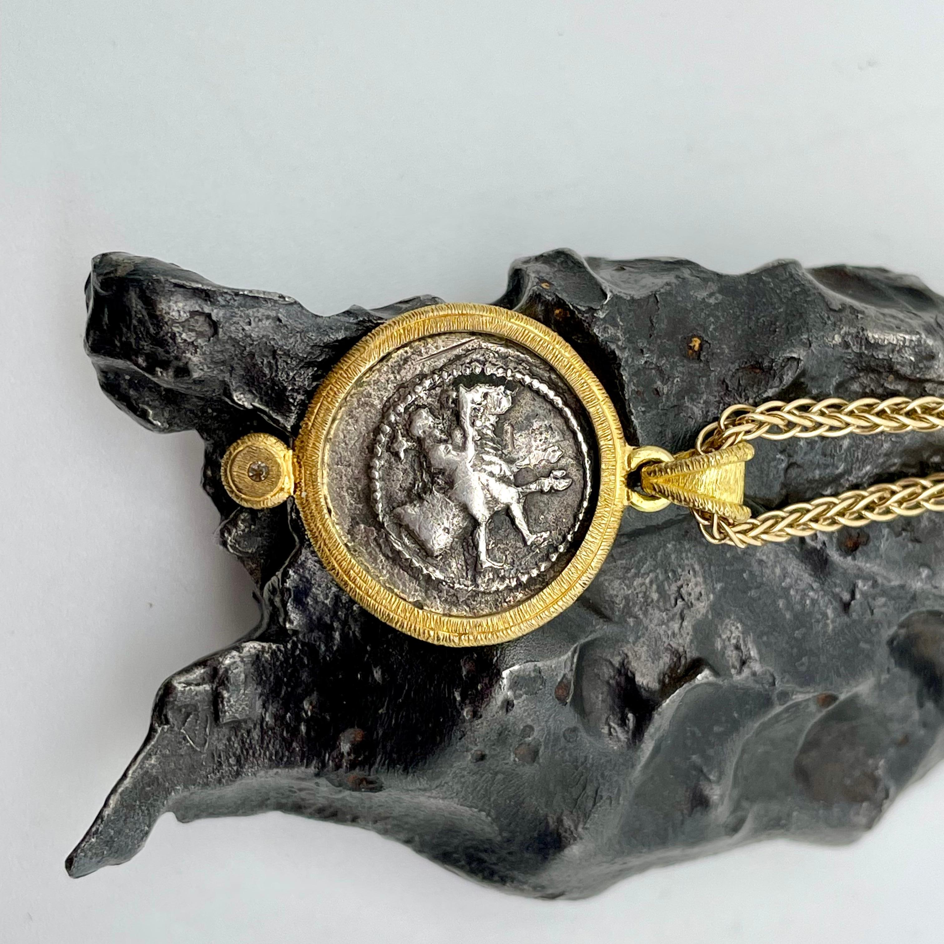 Ancient Greek 5th Century BC Horse Coin Diamond 18K Gold Pendant 1