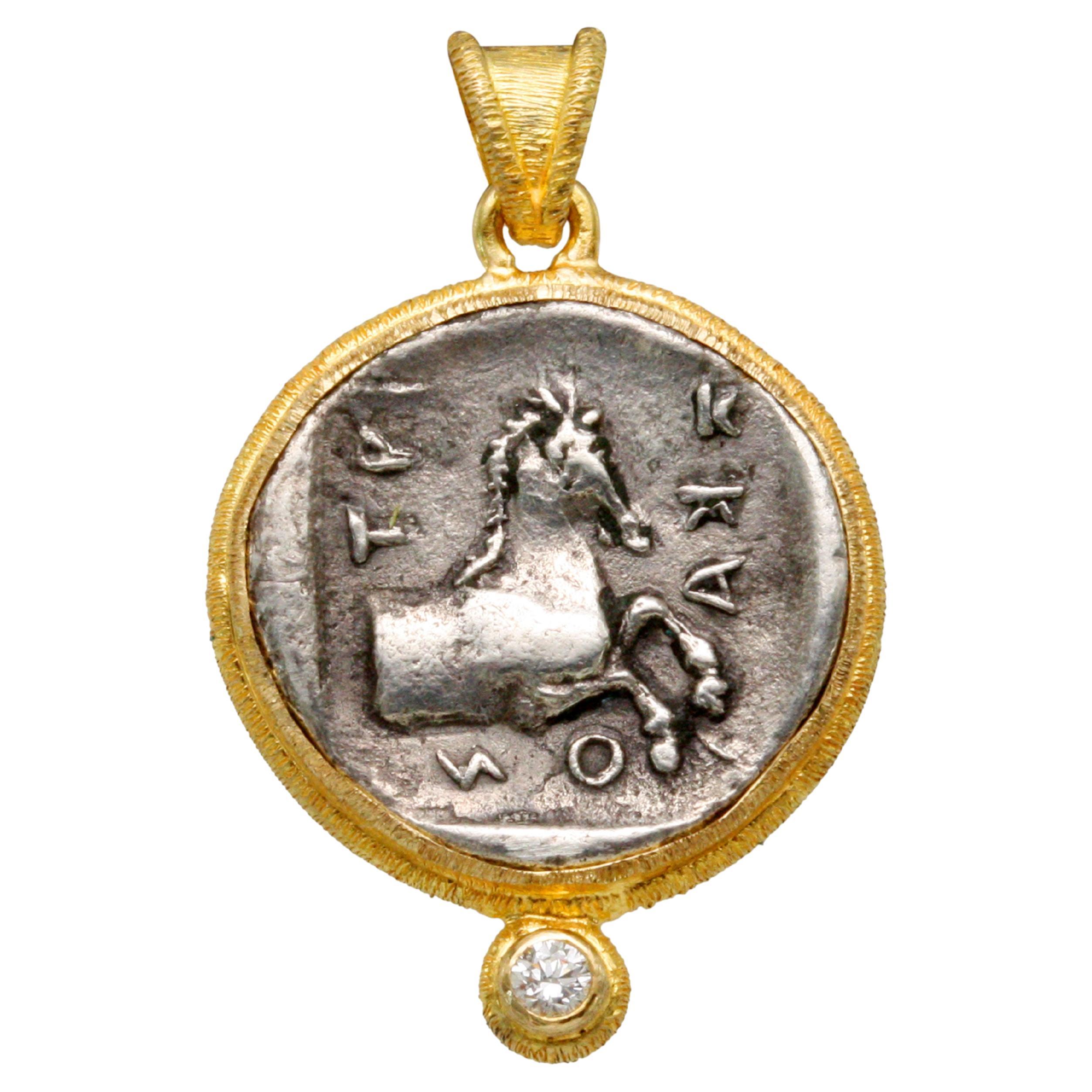 Ancient Greek 5th Century BC Horse Coin Diamond 18K Gold Pendant For Sale  at 1stDibs
