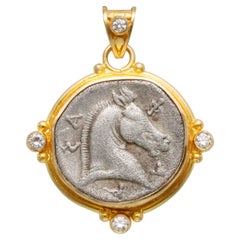 Ancient Greek 5th Century BC Horse Coin Diamonds 18K Gold Pendant