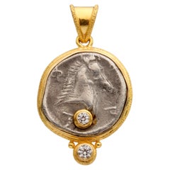 Ancient Greek 5th Century BC Horse Coin Diamonds 18K Gold Pendant