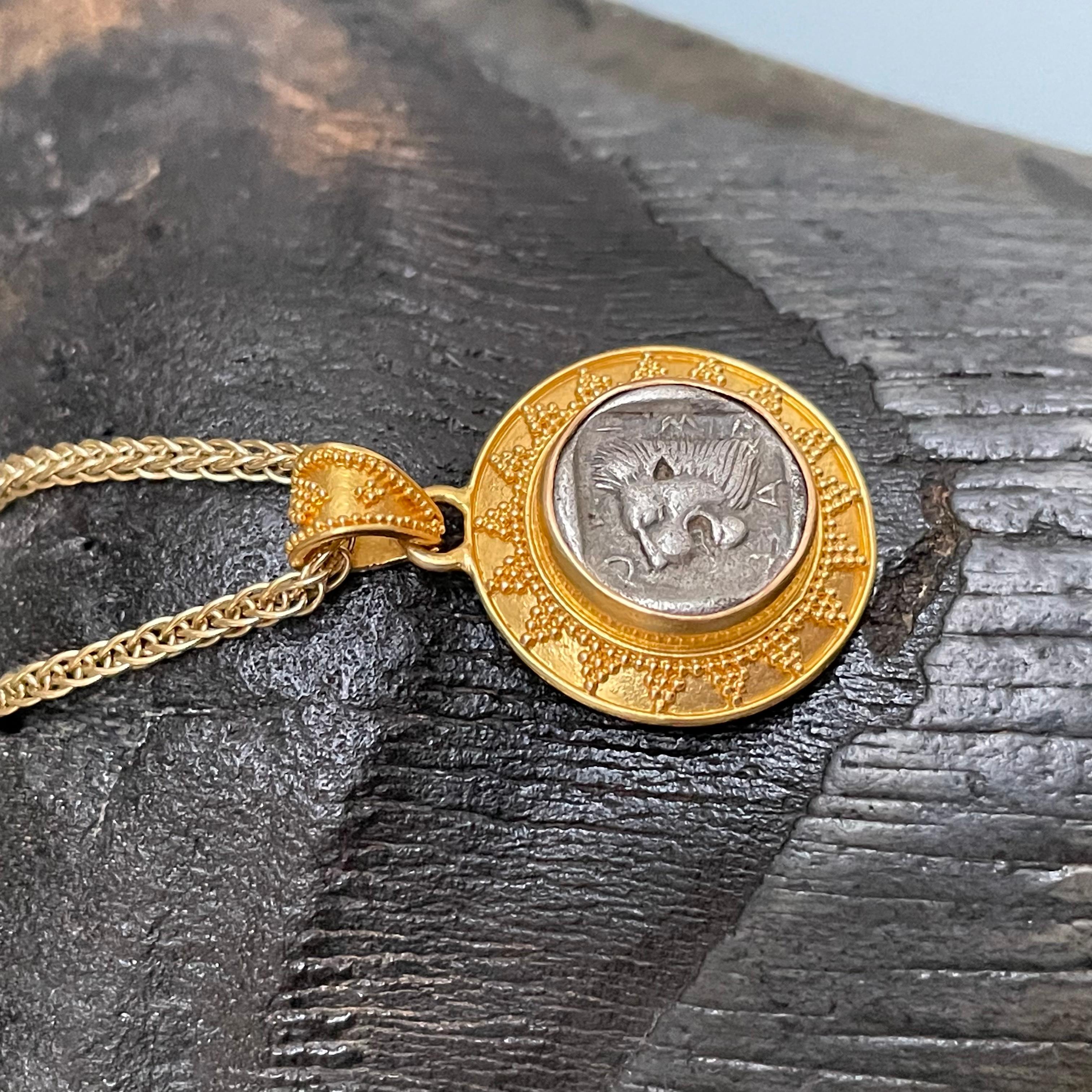 Ancient Greek 5th Century BC Lion Athena Coin 22K Gold Pendant 4