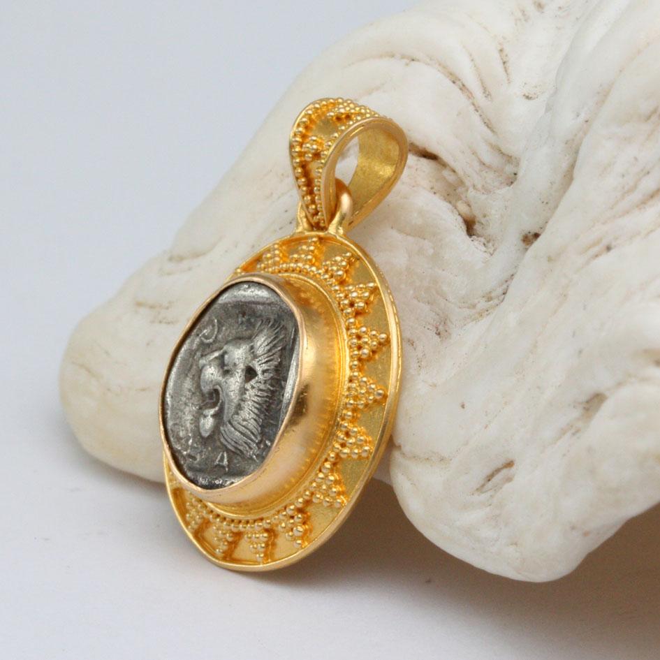 Women's or Men's Ancient Greek 5th Century BC Lion Athena Coin 22K Gold Pendant