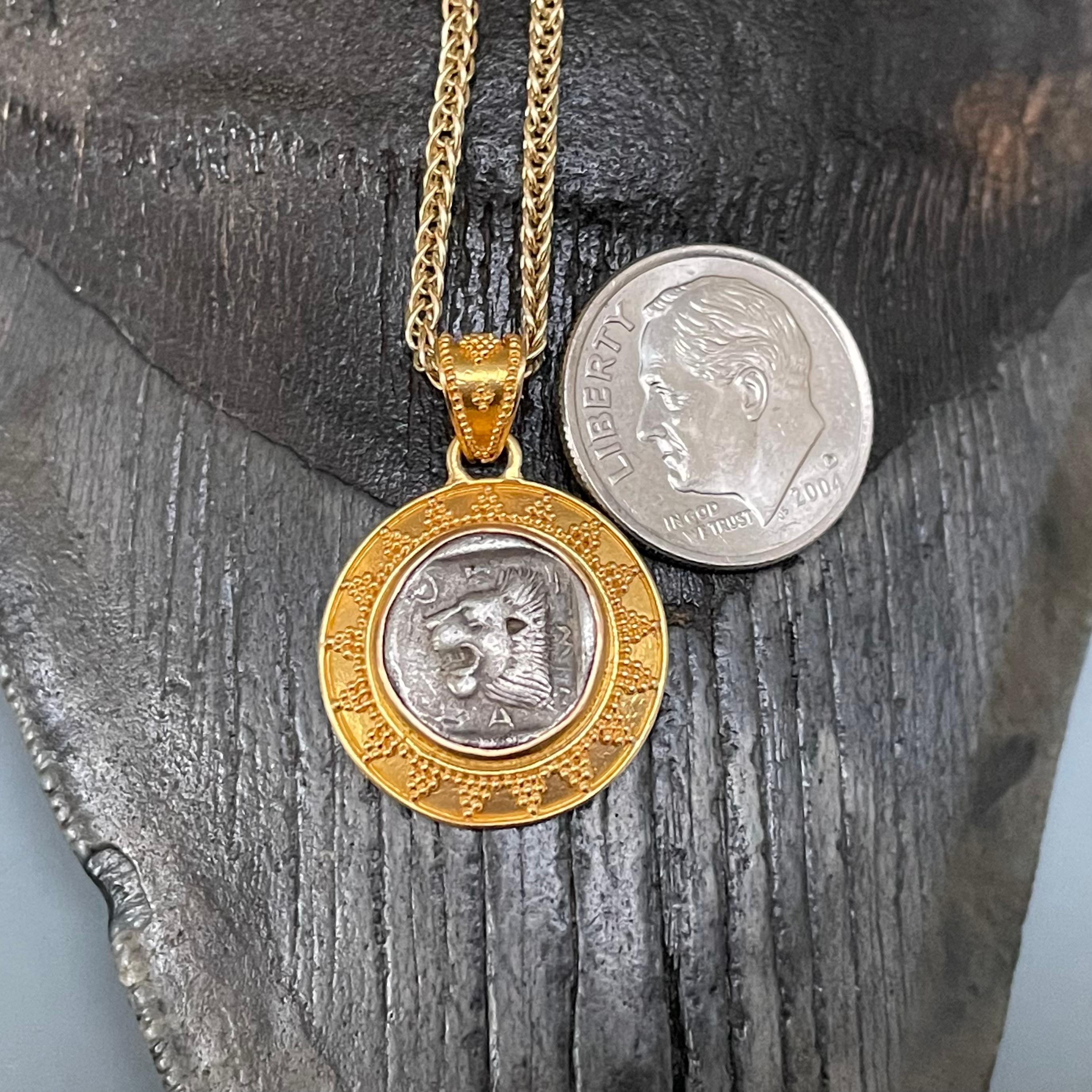 Ancient Greek 5th Century BC Lion Athena Coin 22K Gold Pendant 1