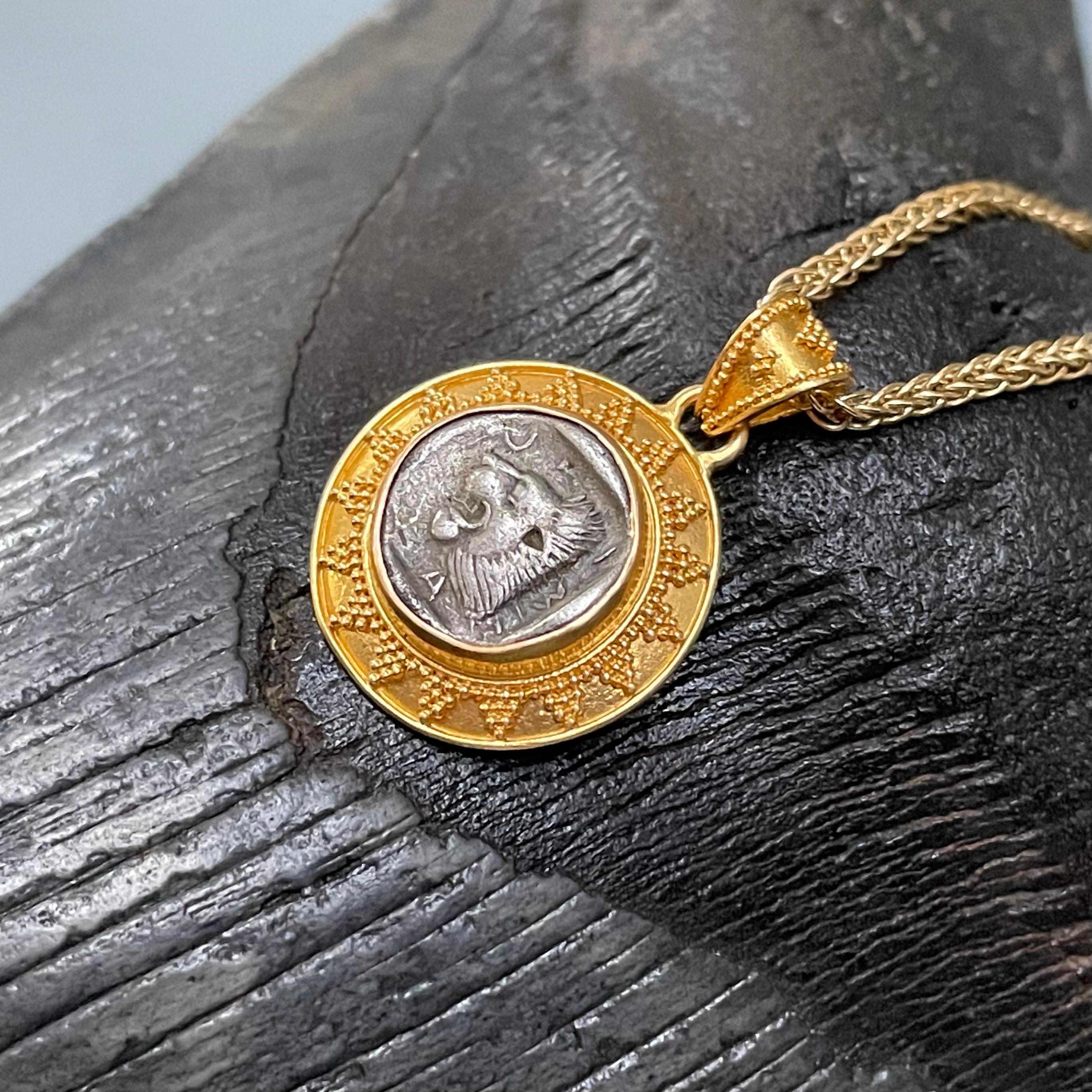 Ancient Greek 5th Century BC Lion Athena Coin 22K Gold Pendant 3