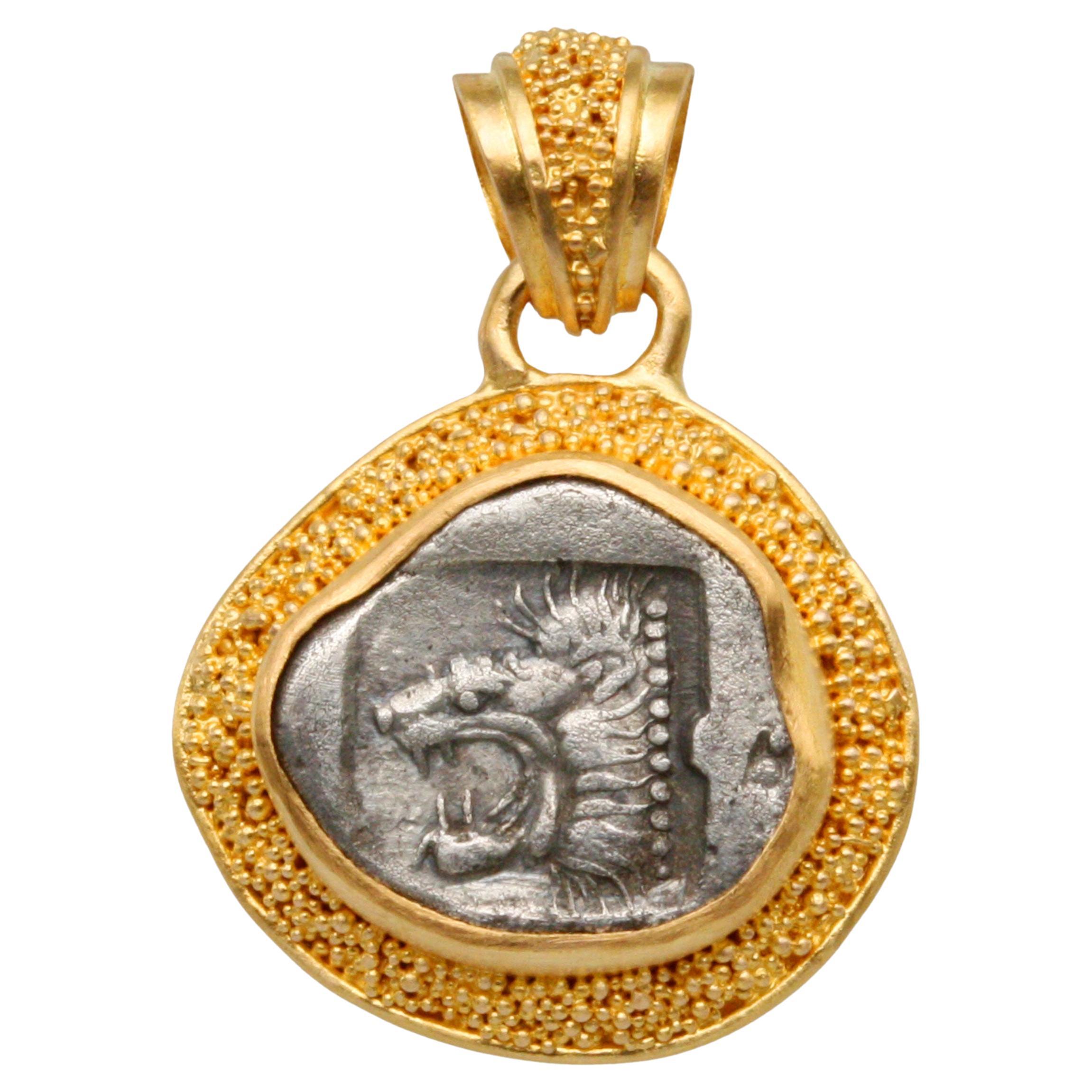 Ancient Greek 5th Century BC Lion Coin 22K Gold Pendant