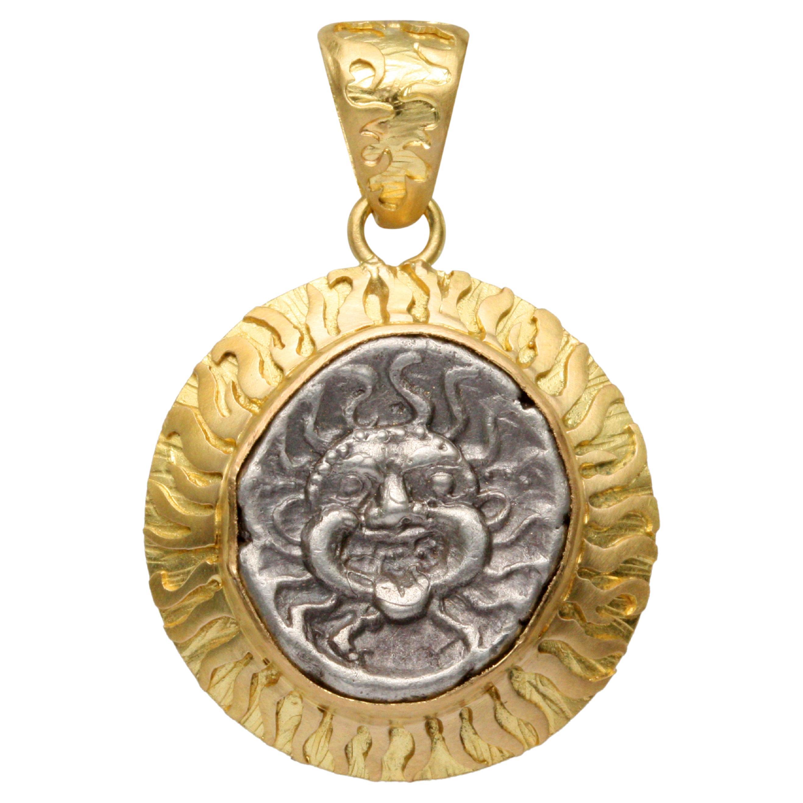 Ancient Greek 5th Century BC Medusa Coin 18K Gold Pendant For Sale