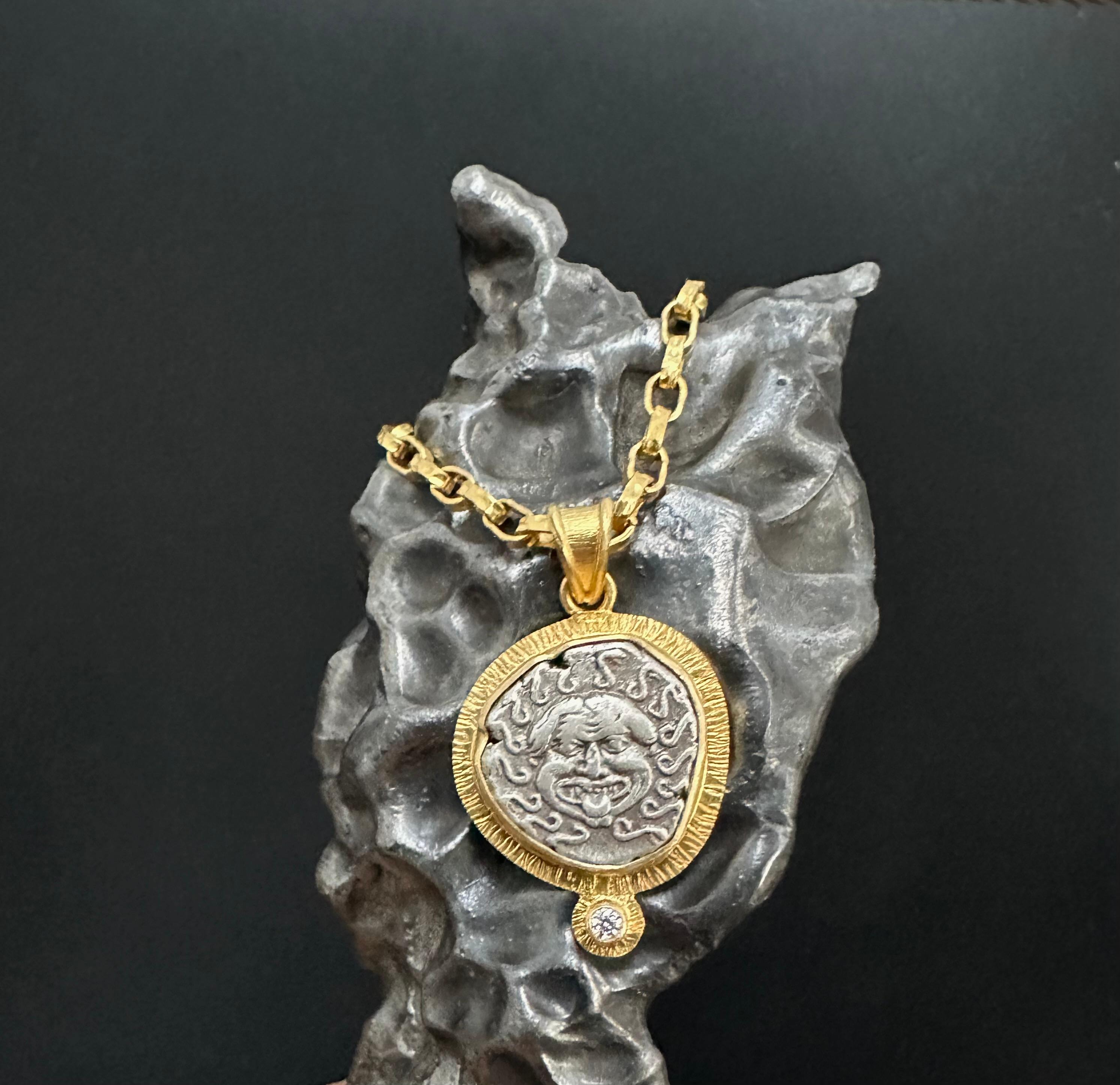 Ancient Greek 5th Century BC Medusa Coin Diamond 18K Gold Pendant 5