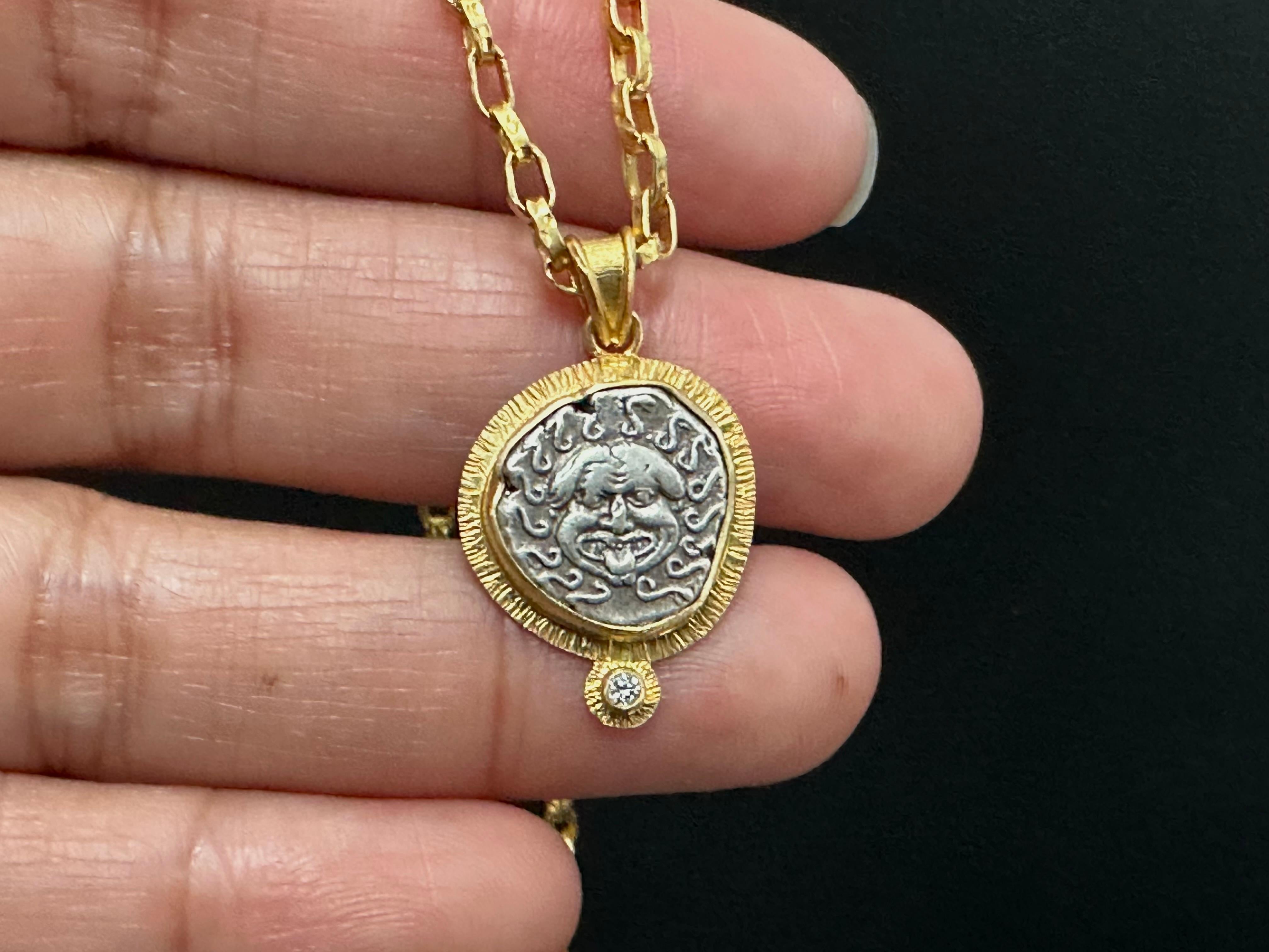 Ancient Greek 5th Century BC Medusa Coin Diamond 18K Gold Pendant 6