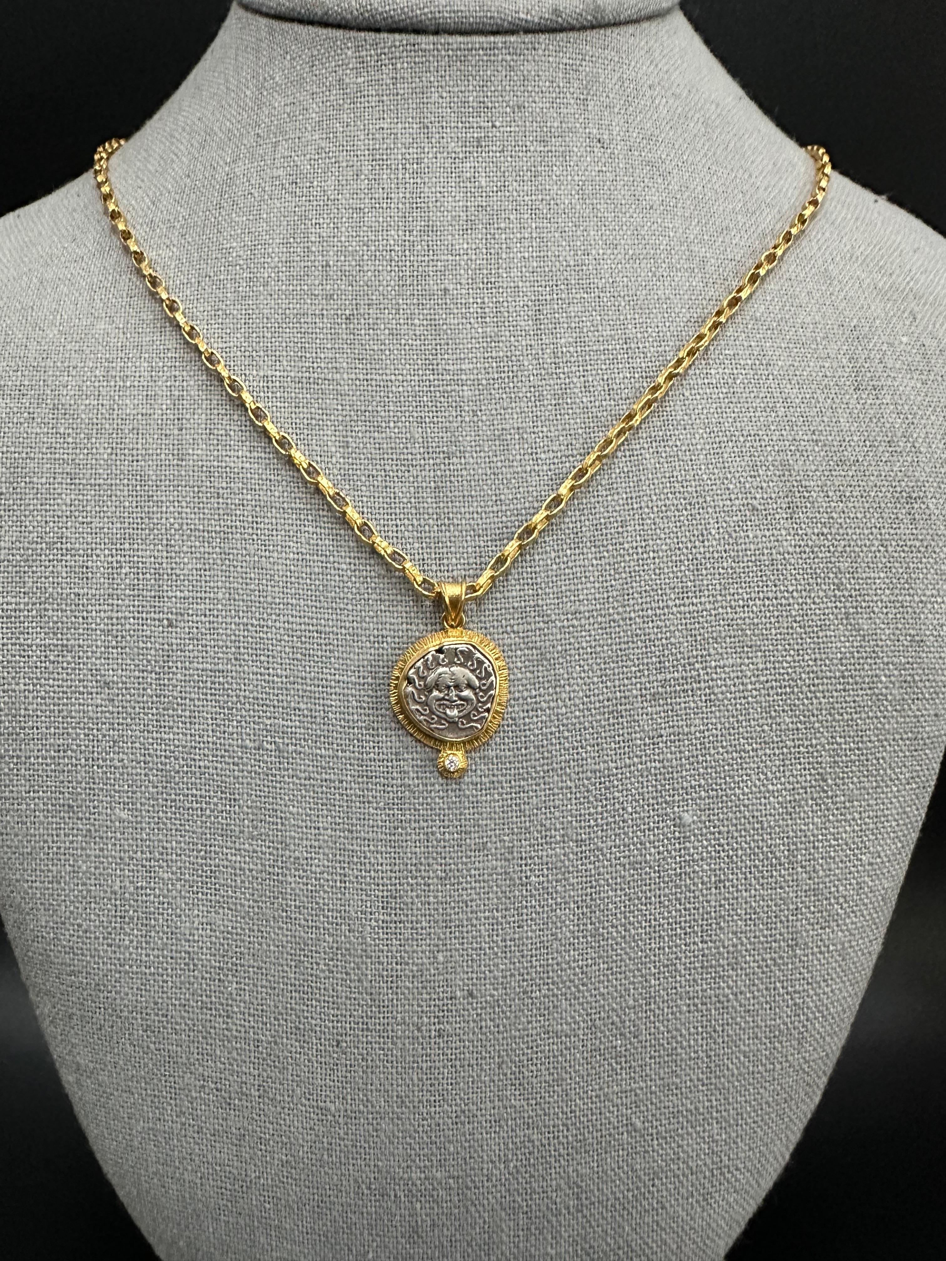 Ancient Greek 5th Century BC Medusa Coin Diamond 18K Gold Pendant 7
