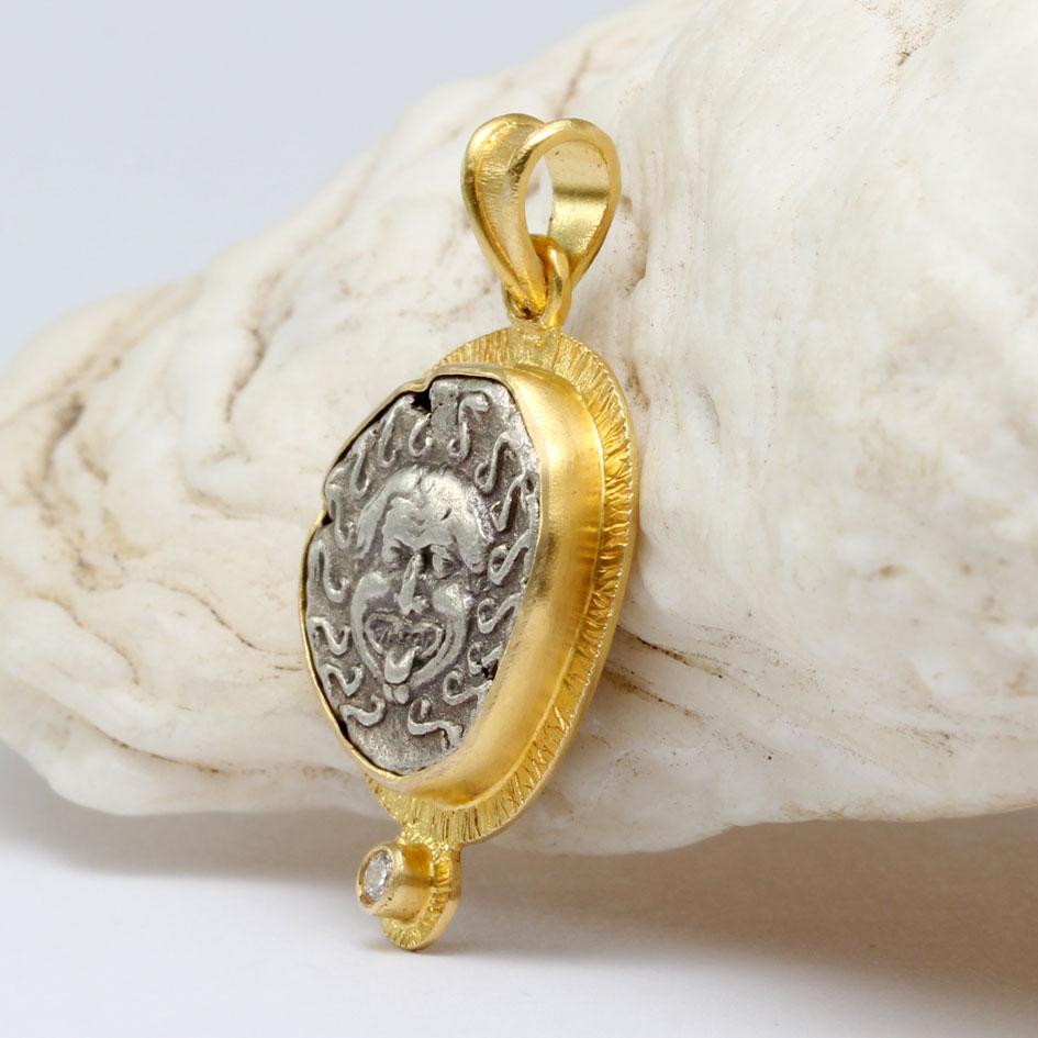 Classical Greek Ancient Greek 5th Century BC Medusa Coin Diamond 18K Gold Pendant