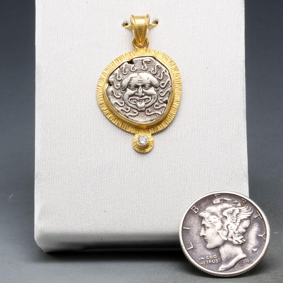 Rose Cut Ancient Greek 5th Century BC Medusa Coin Diamond 18K Gold Pendant