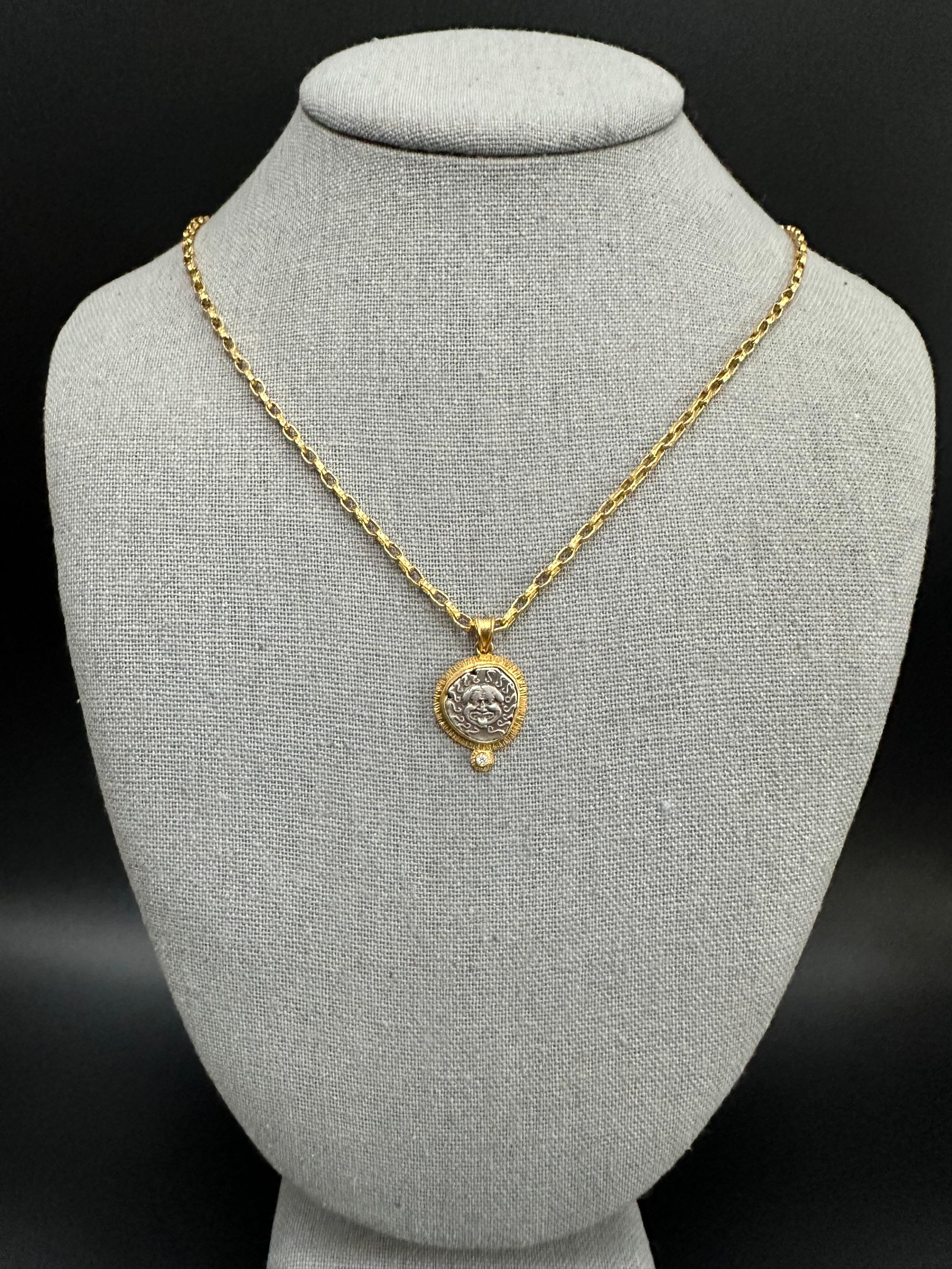 Ancient Greek 5th Century BC Medusa Coin Diamond 18K Gold Pendant In New Condition In Soquel, CA
