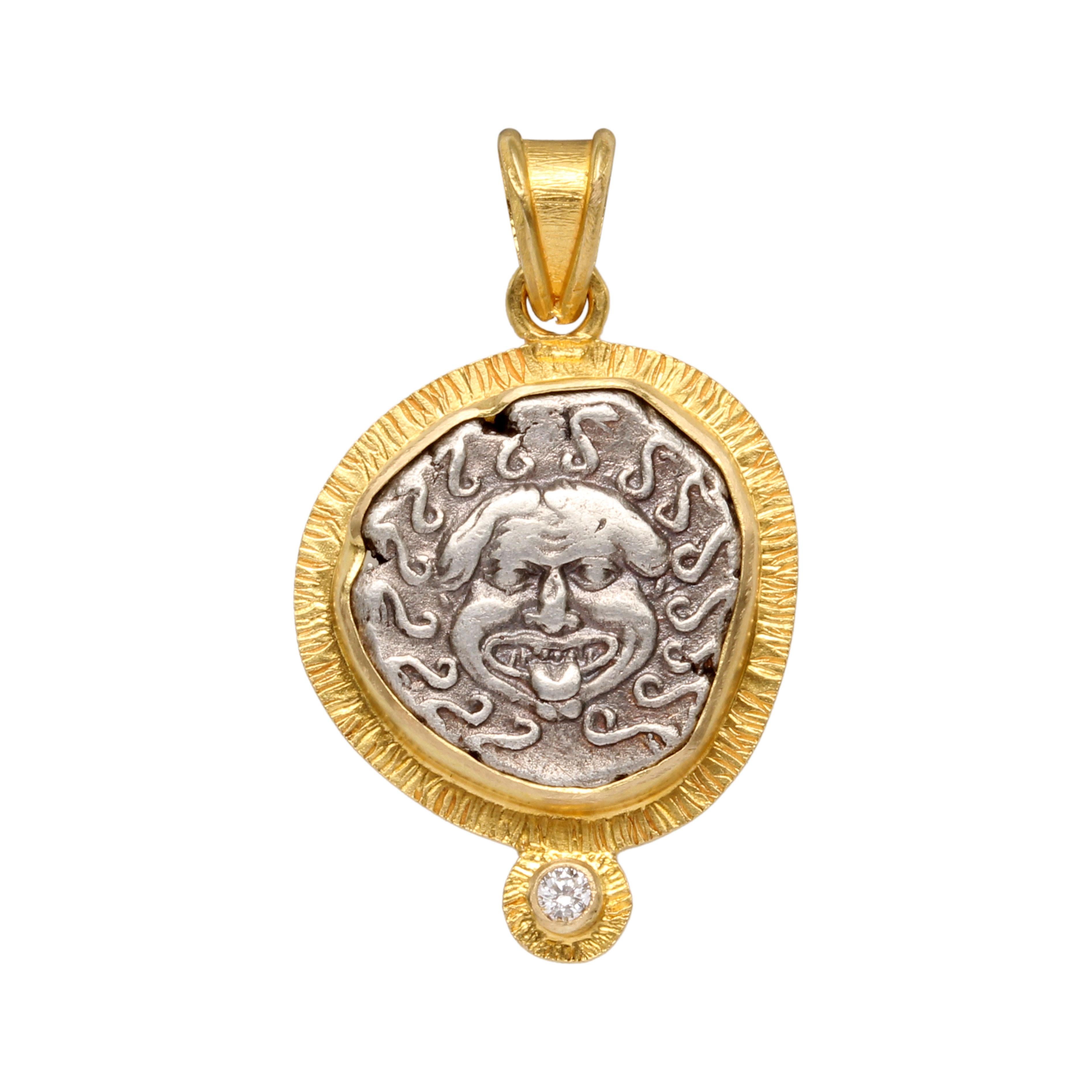 Ancient Greek 5th Century BC Medusa Coin Diamond 18K Gold Pendant 1