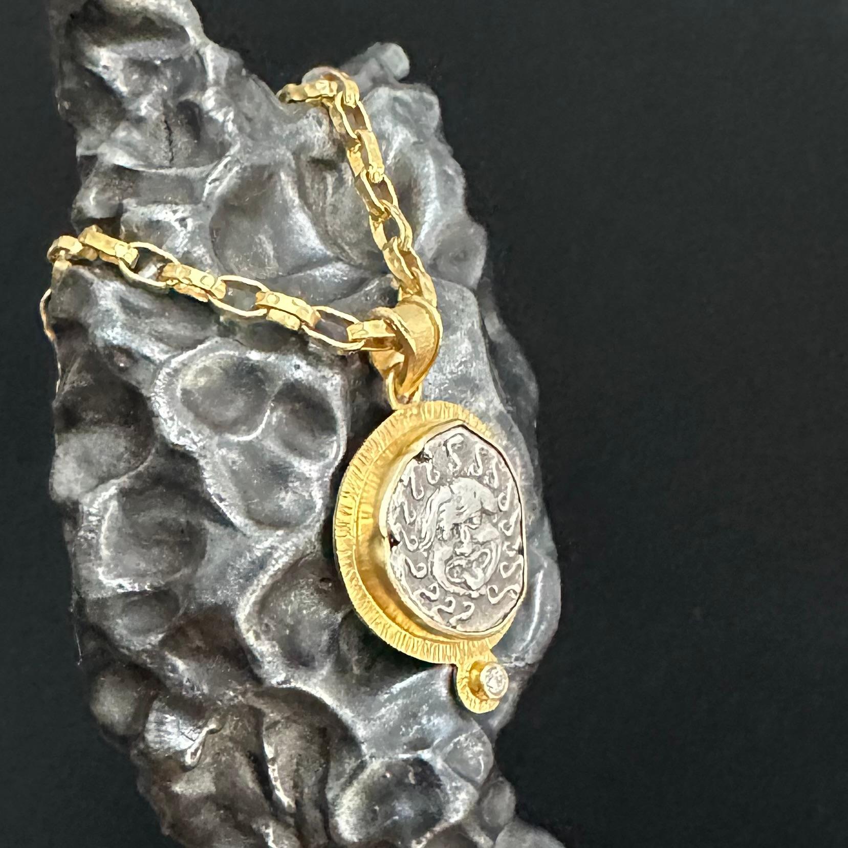 Ancient Greek 5th Century BC Medusa Coin Diamond 18K Gold Pendant 3
