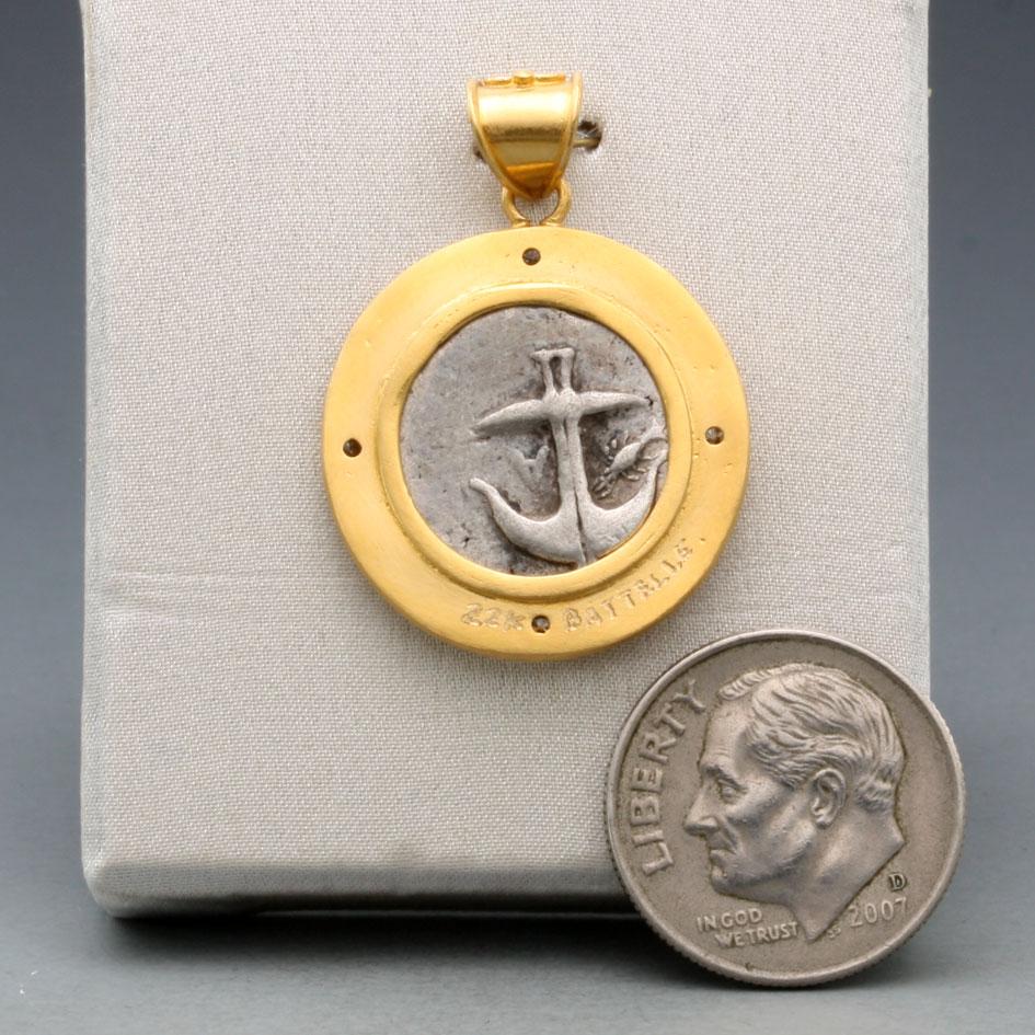 Ancient Greek 5th Century BC Medusa Coin Diamonds 22K Gold Pendant For Sale 2