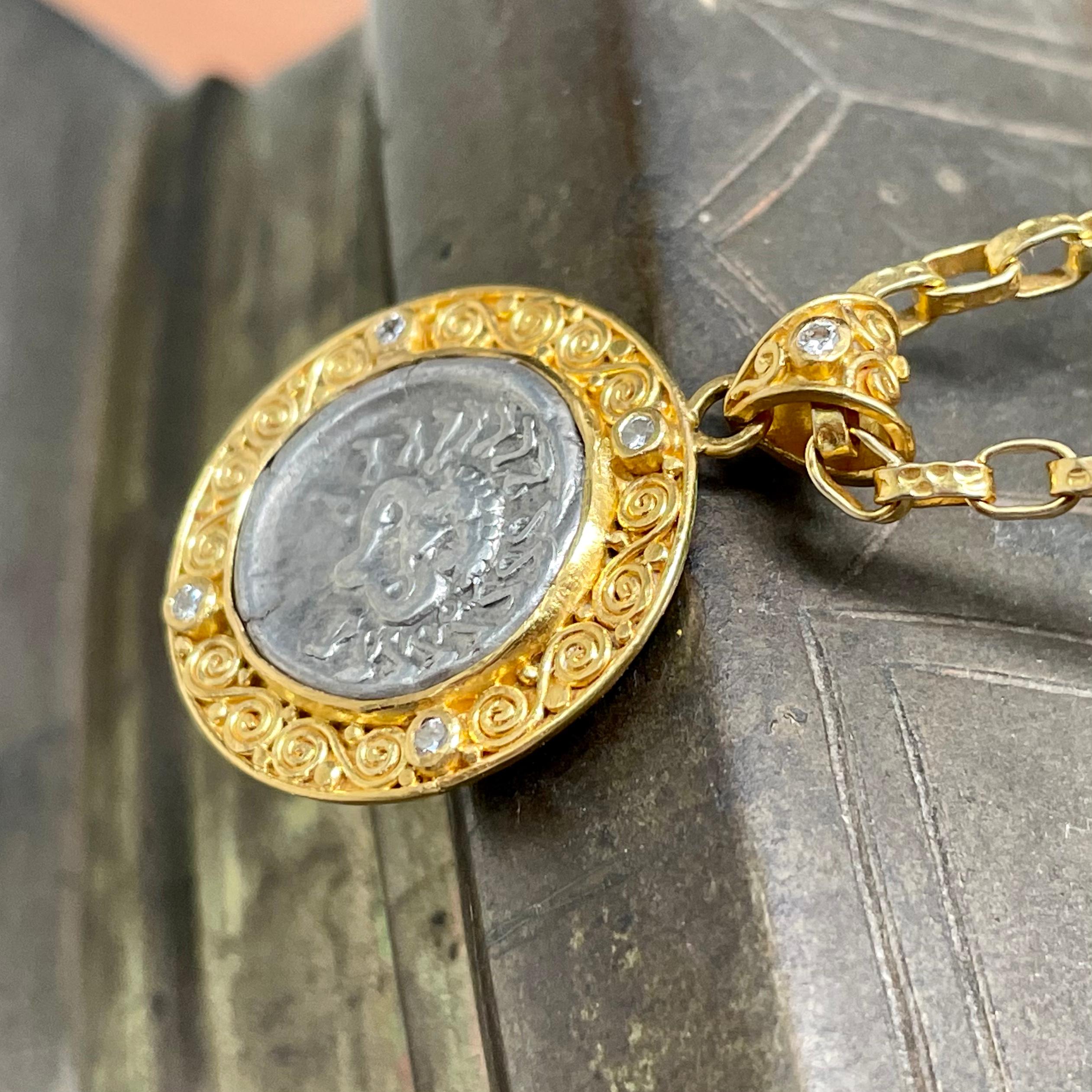 Classical Greek Ancient Greek 5th Century BC Medusa Coin Diamonds 22K Gold Pendant For Sale