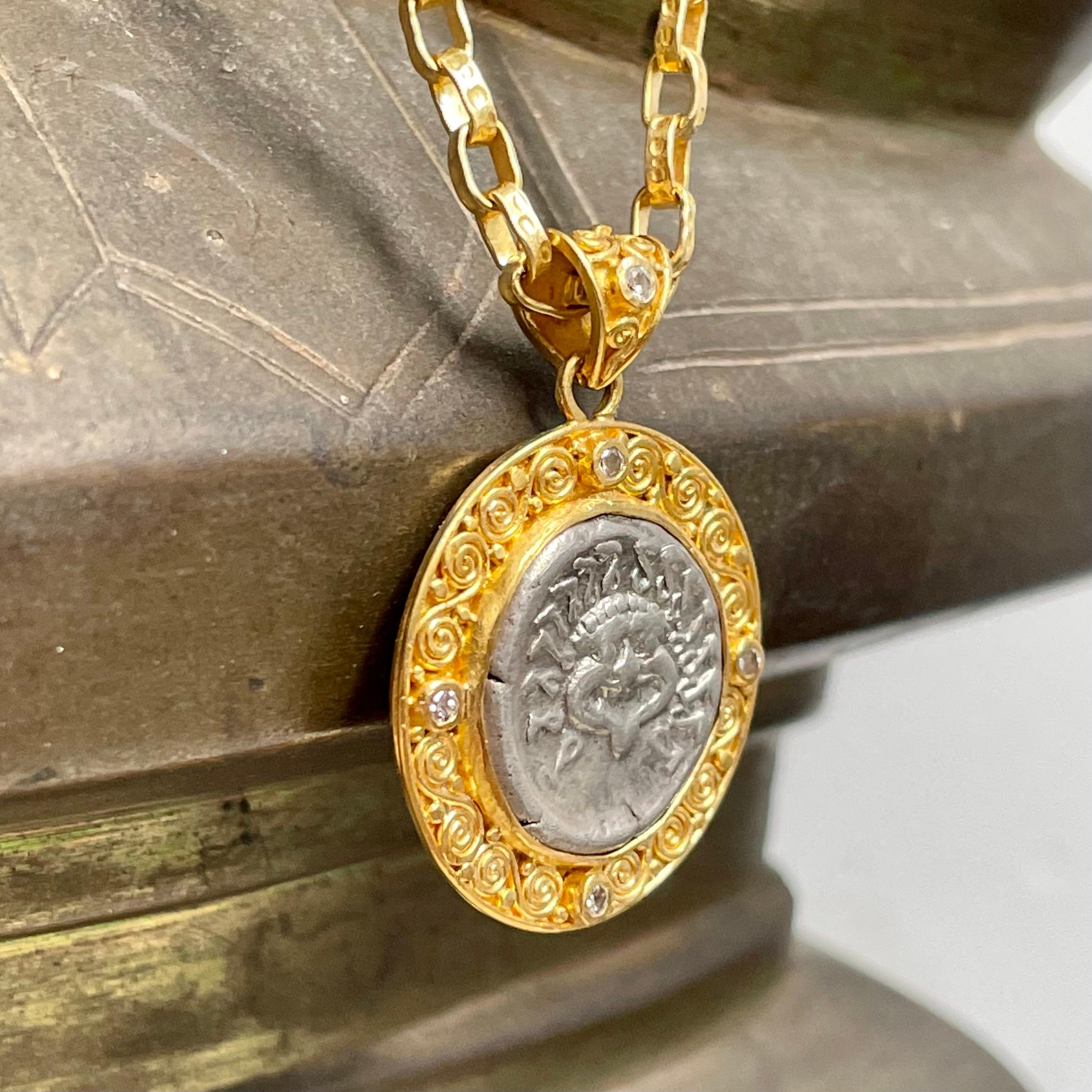 Rose Cut Ancient Greek 5th Century BC Medusa Coin Diamonds 22K Gold Pendant For Sale