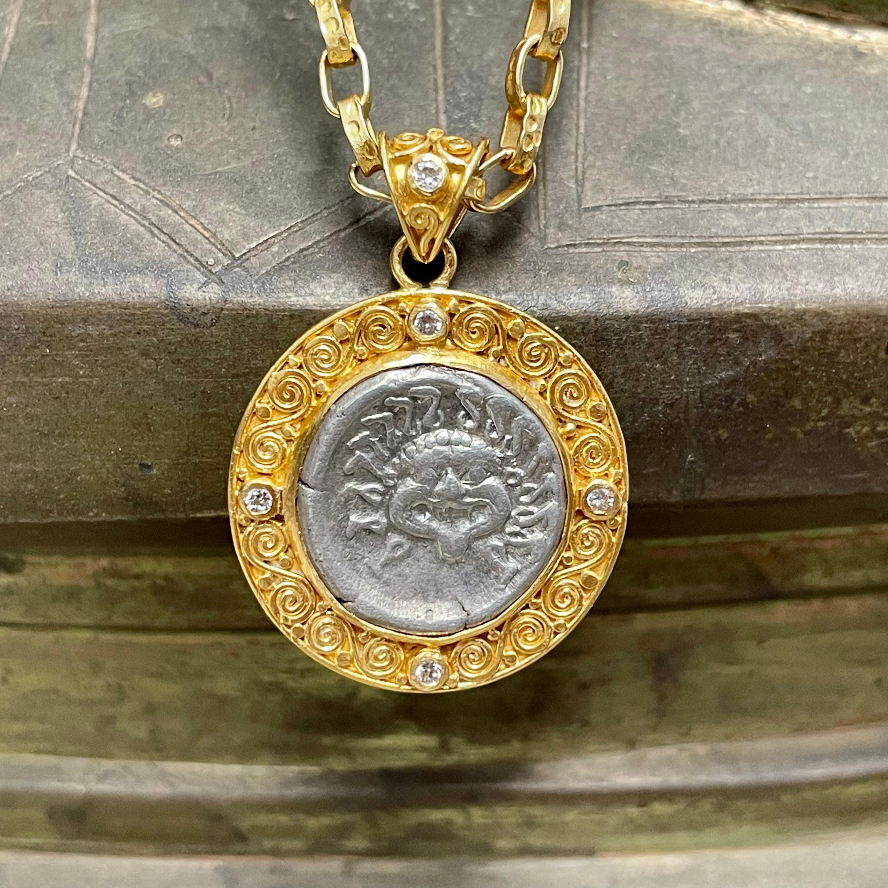 Women's or Men's Ancient Greek 5th Century BC Medusa Coin Diamonds 22K Gold Pendant For Sale