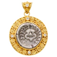 Ancient Greek 5th Century BC Medusa Coin Diamonds 22K Gold Pendant