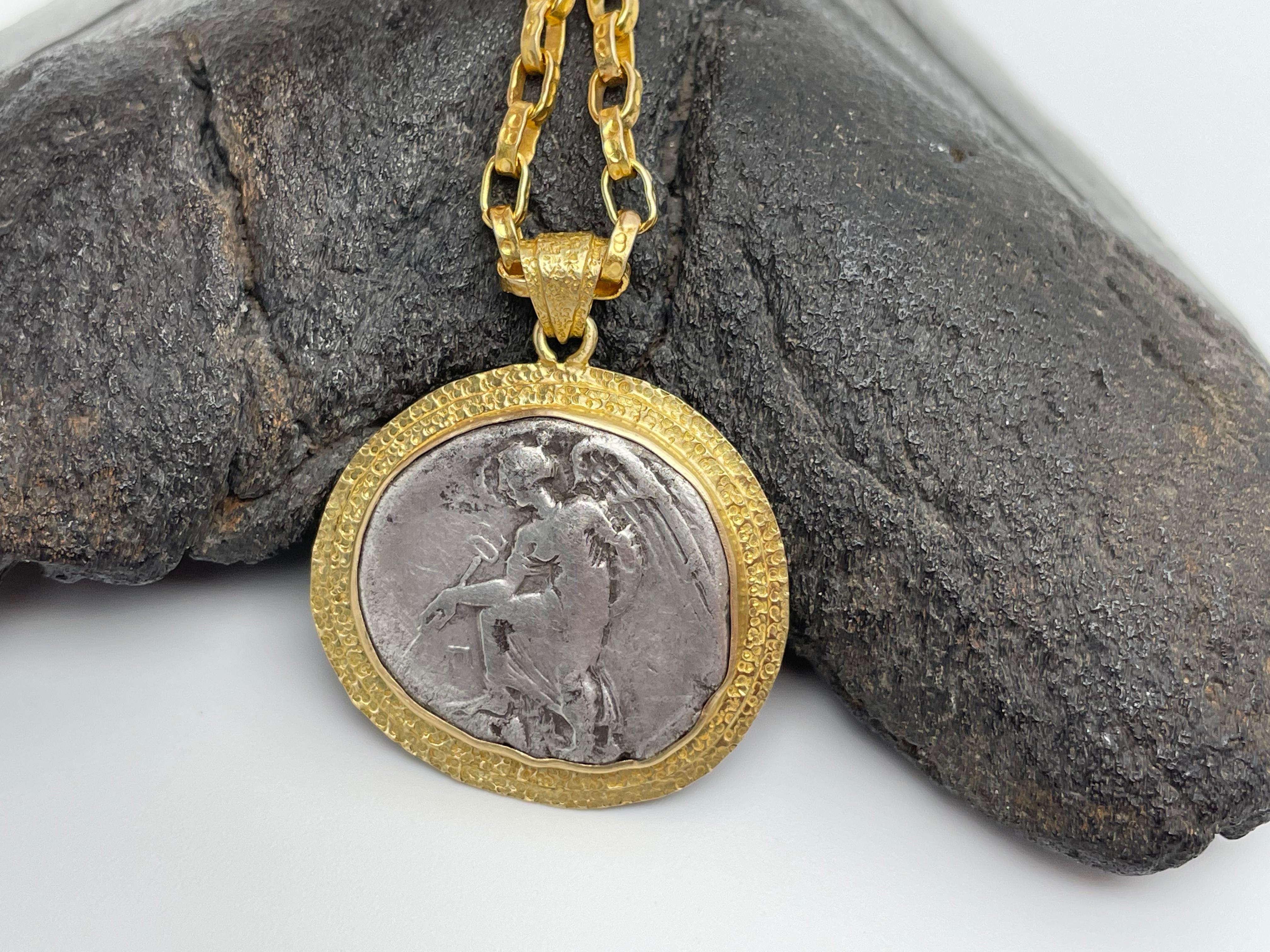 Ancient Greek 5th Century BC Nike Coin 18k Gold Pendant For Sale 1