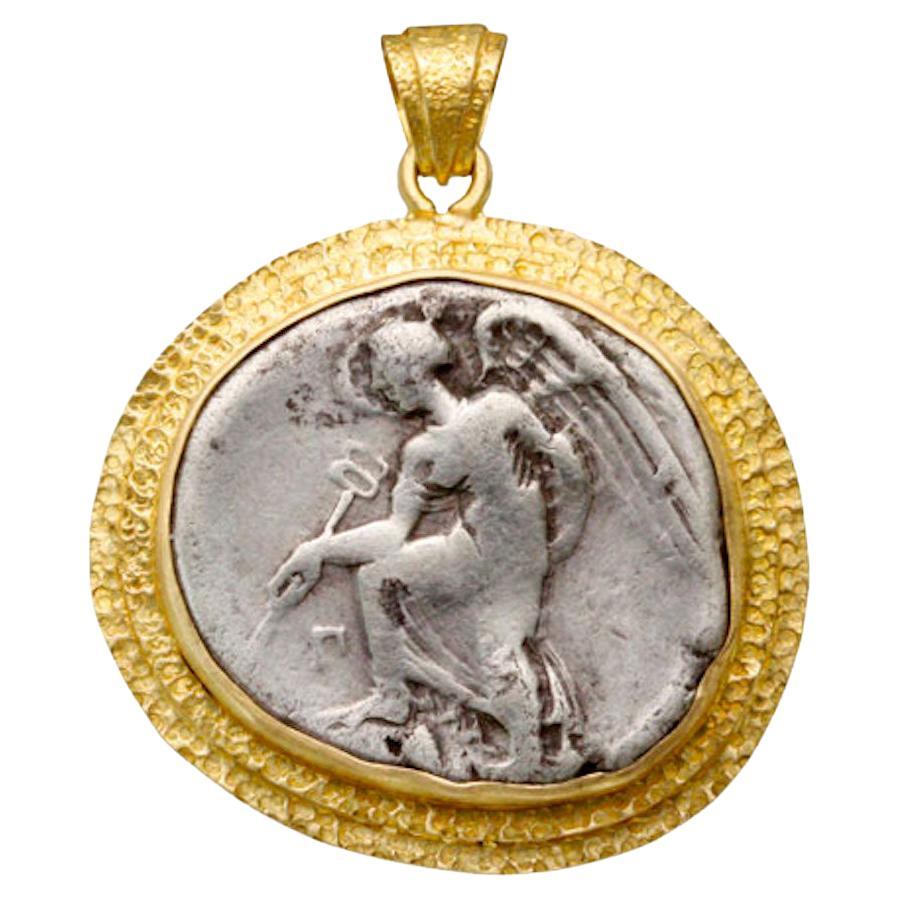 Ancient Greek 5th Century BC Nike Coin 18k Gold Pendant For Sale
