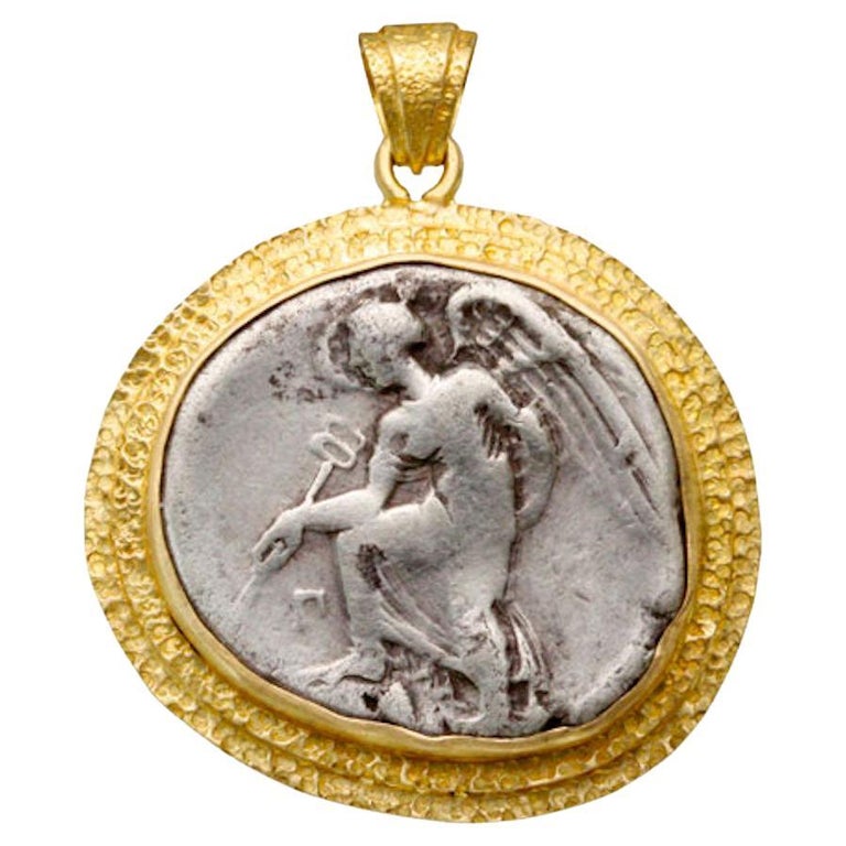 Ancient Greek 5th Century BC Nike Coin 18k Gold Pendant