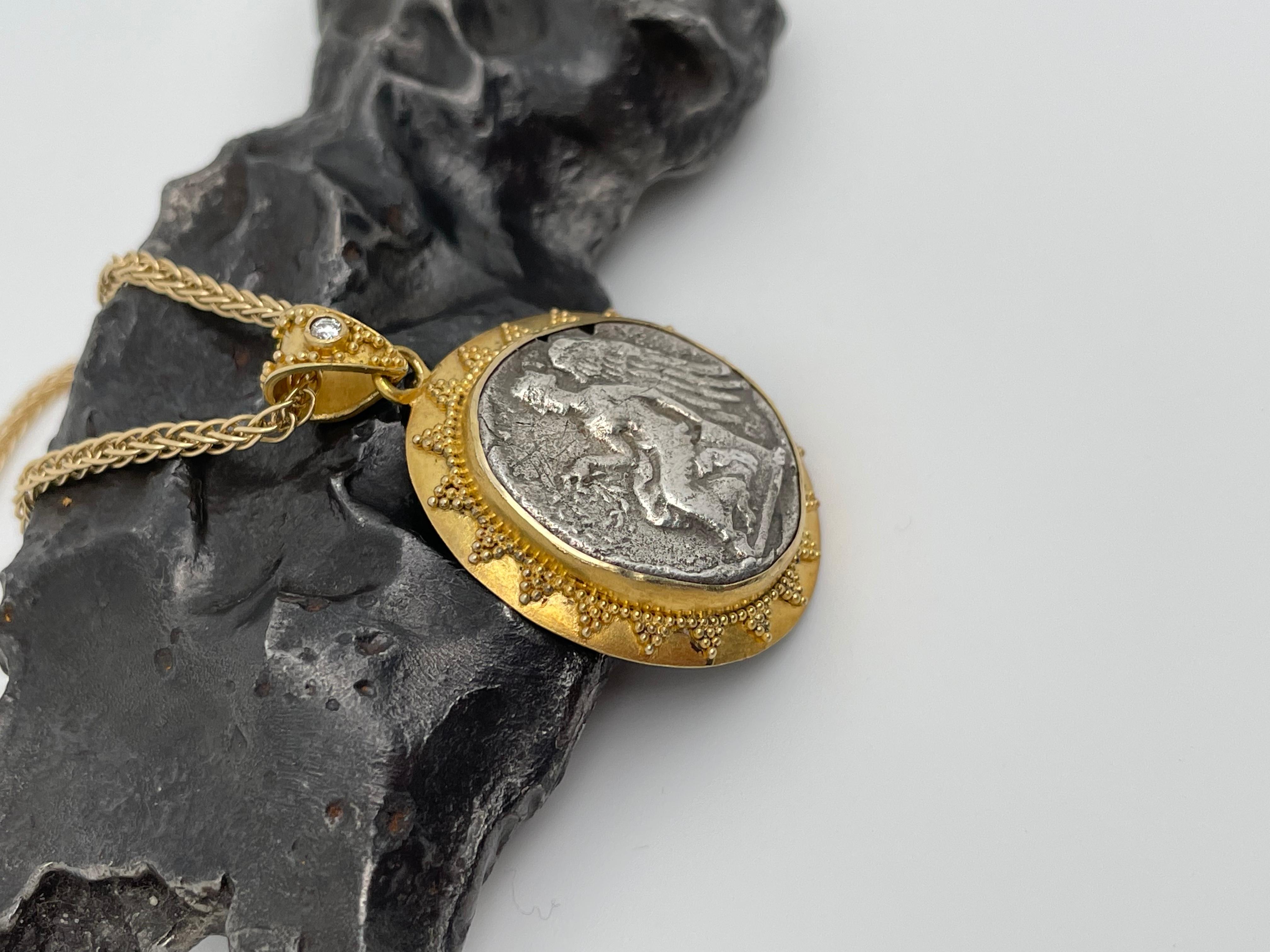 Rose Cut Ancient Greek 5th Century BC Nike Coin Diamond 22K Gold Pendant For Sale
